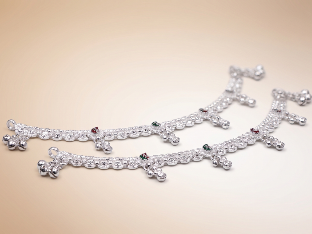 Floral Motif Silver-Plated Payal Anklets with Textured Links and Ghungroo Drops (Pair)