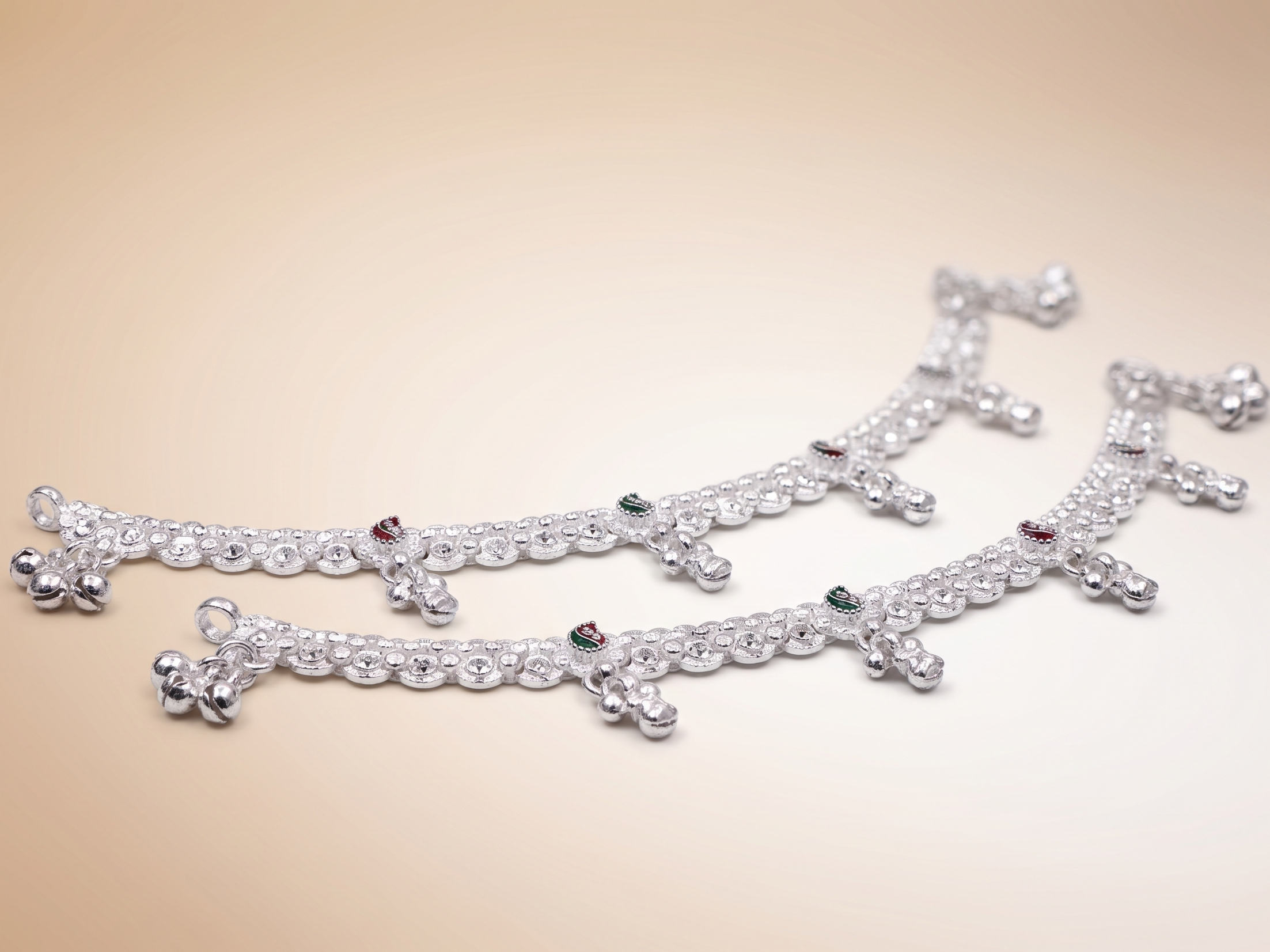 Floral Motif Silver-Plated Payal Anklets with Textured Links and Ghungroo Drops (Pair)