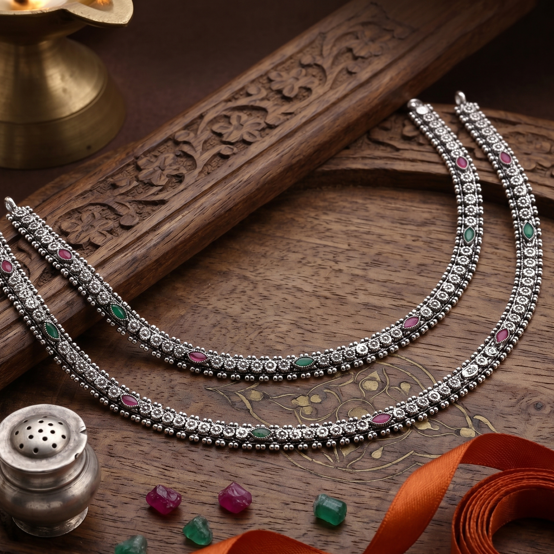 Oxidized Heritage Slim Payal with Ruby & Emerald Accents by Radhe Payal