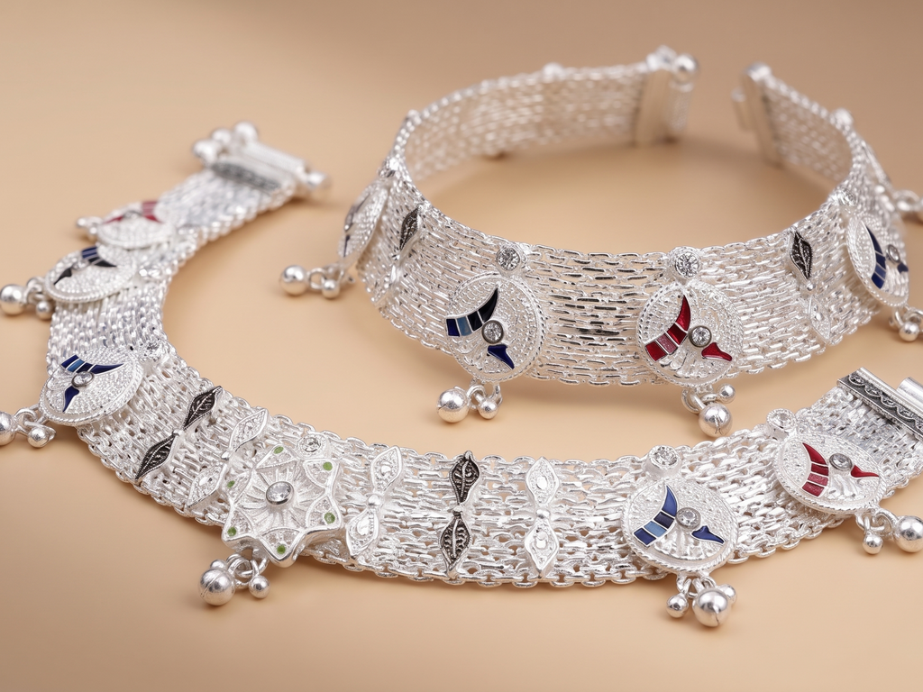 R Plus Royal Meenakari Bridal Payal - Heavy Wide Mesh Silver Plated Anklets with Maroon Enamel