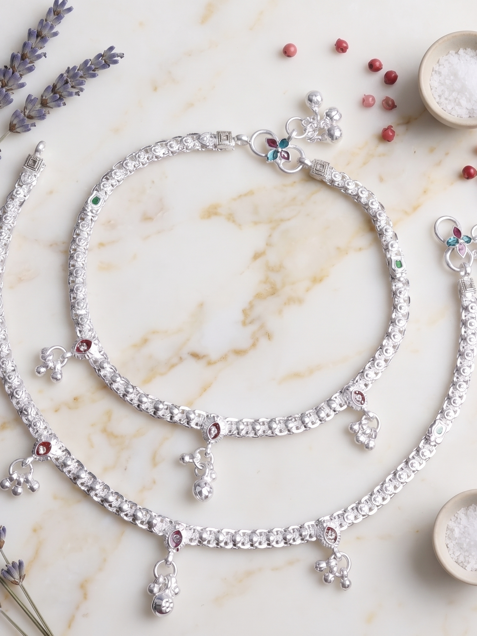 Premium German Silver White Metal Heritage Payal with Multi-Color Accents