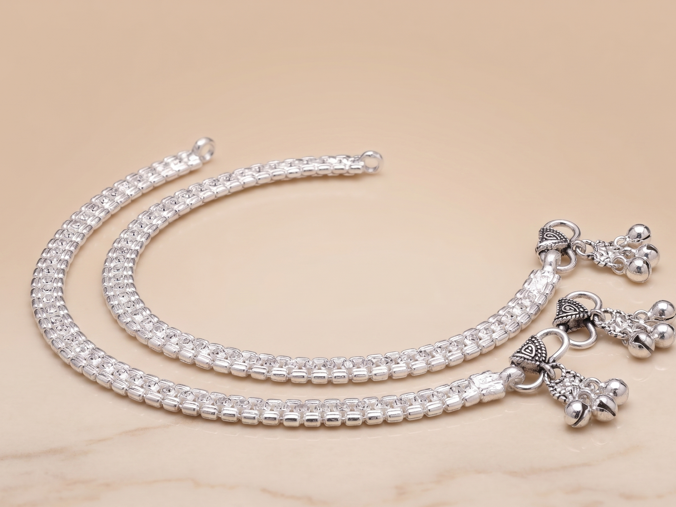 Traditional Sterling Silver Payal Set – Elegant Beaded Indian Anklets with Ghungroo Bells (Pair)