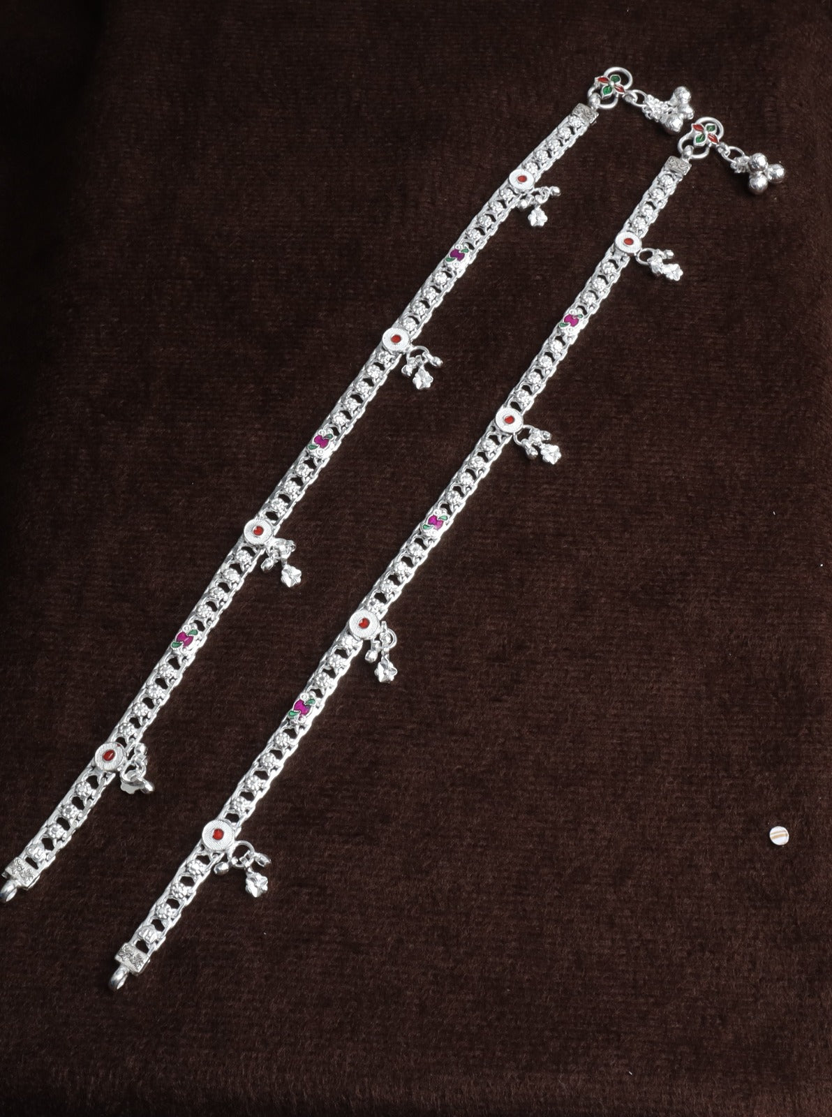 Premium German Silver White Metal Heritage Payal with Multi-Color Accents