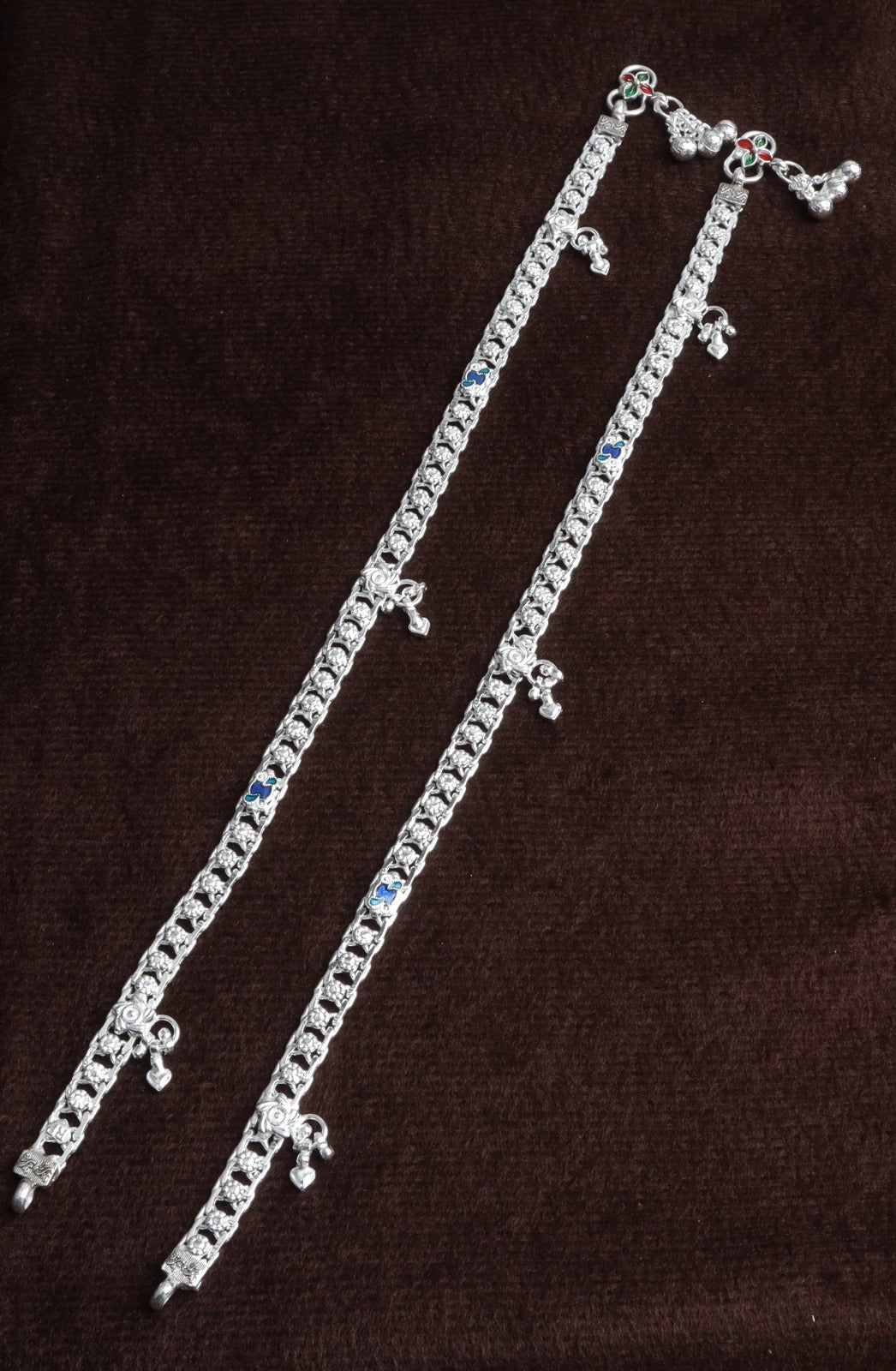 Premium German Silver White Metal Heritage Payal with Multi-Color Accents