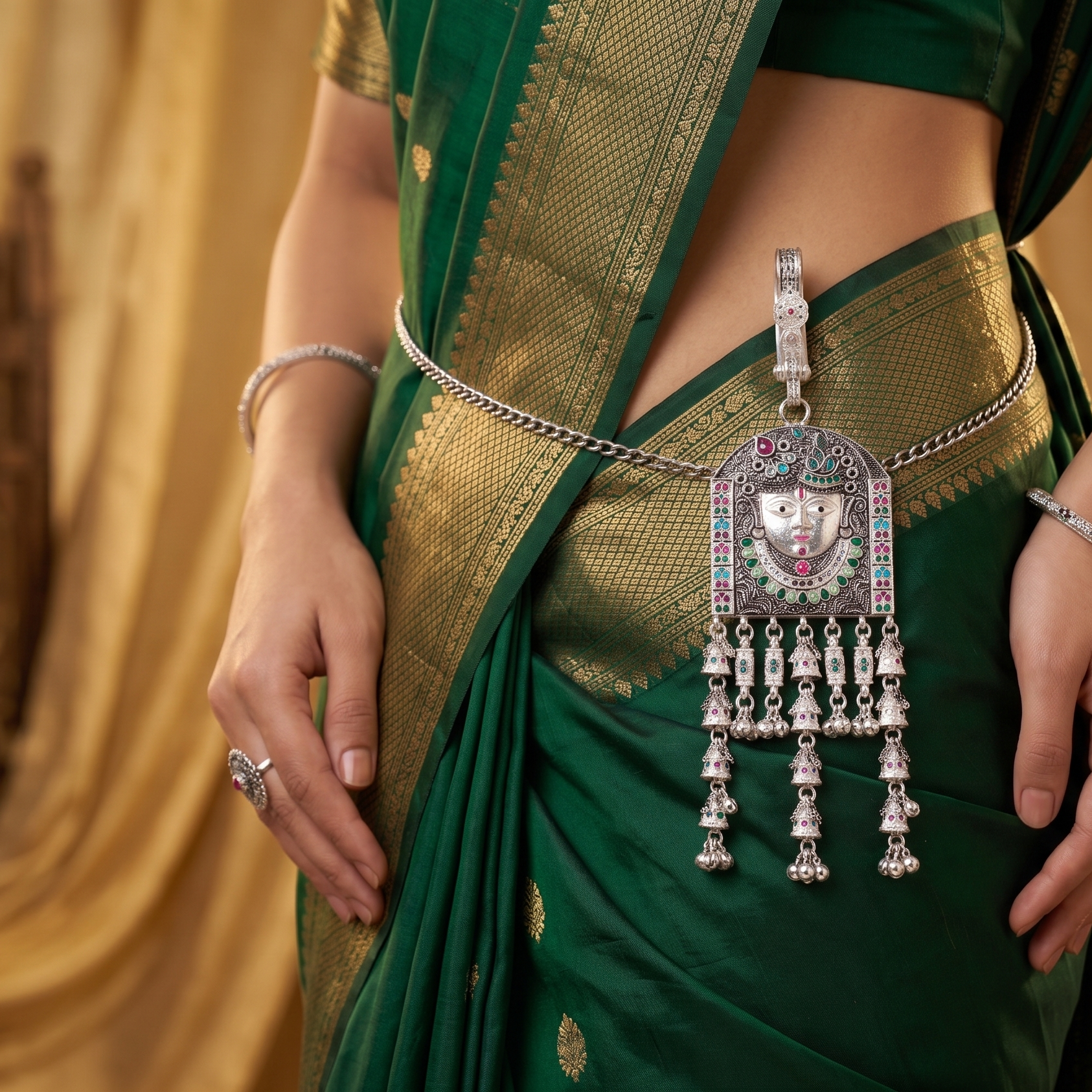 Divine Goddess Face Heritage Kandora with Bell Tassels by Radhe Payal