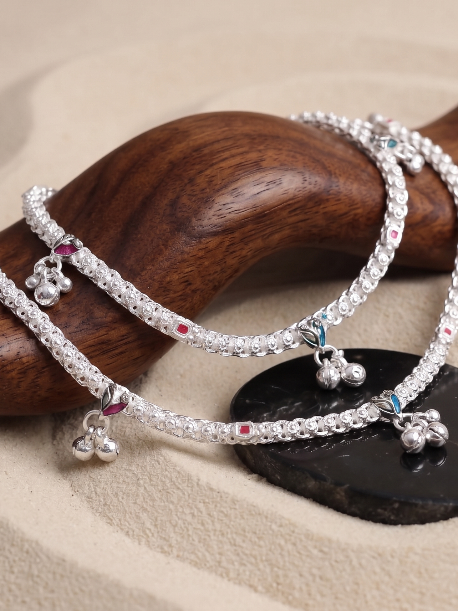 Premium German Silver White Metal Heritage Payal with Multi-Color Accents