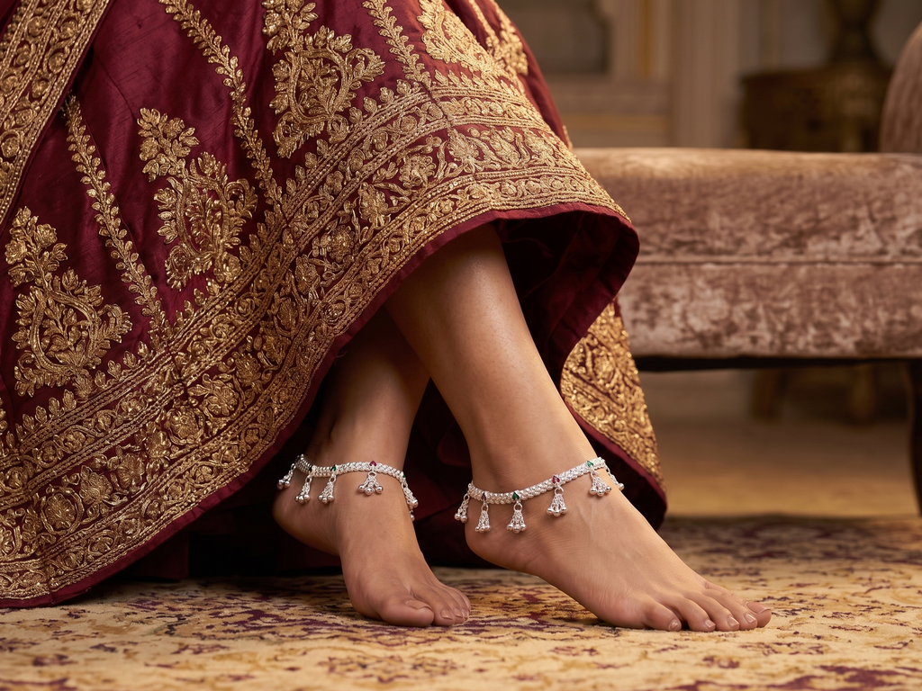 Traditional Silver Payal Set with Hanging Ghungroo Bells – Meenakari Accent Bridal Indian Anklets (Pair)