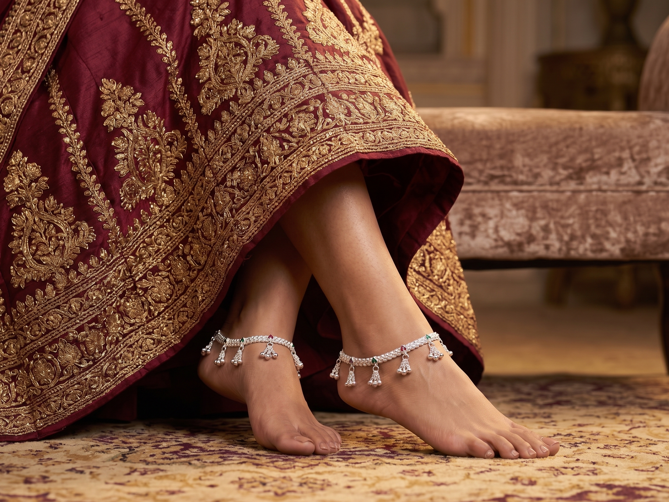 Traditional Silver Payal Set with Hanging Ghungroo Bells – Meenakari Accent Bridal Indian Anklets (Pair)
