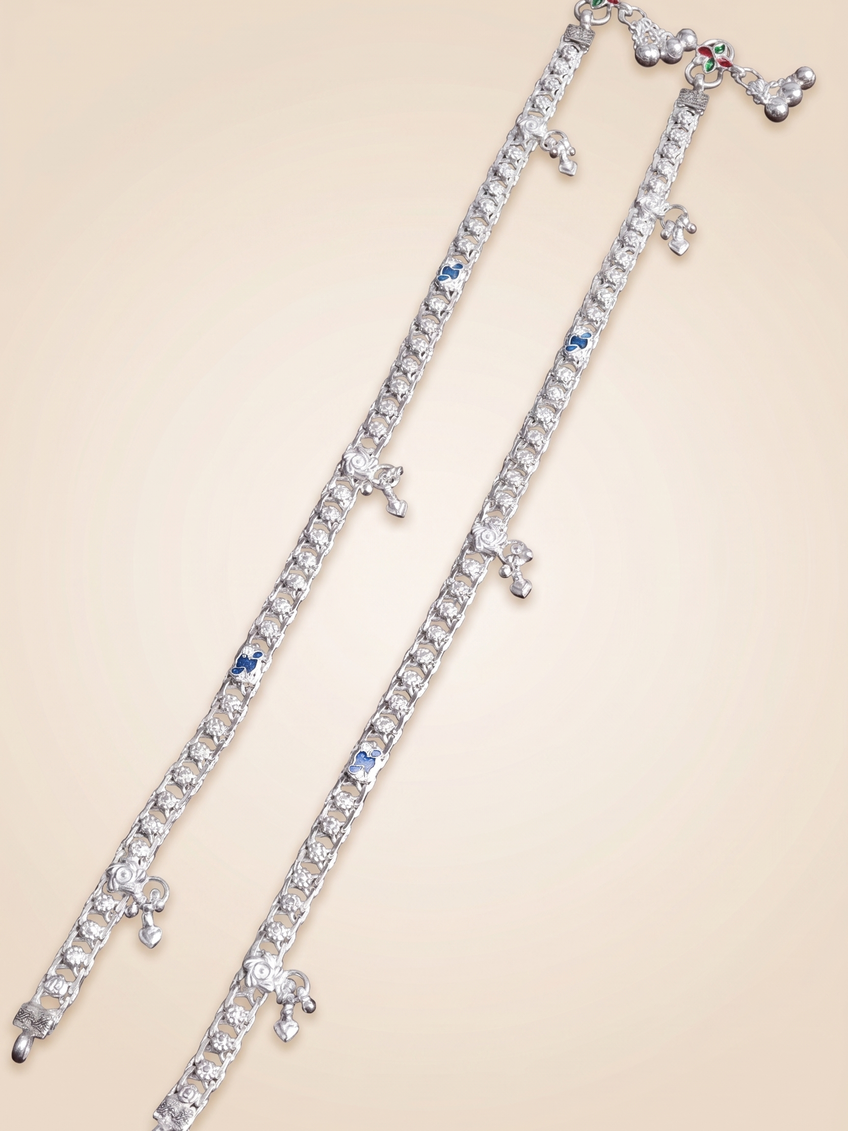 Premium German Silver White Metal Heritage Payal with Multi-Color Accents