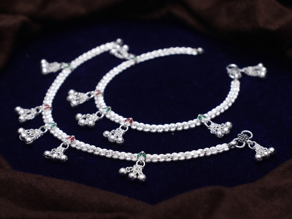 Traditional Silver Payal Set with Hanging Ghungroo Bells – Meenakari Accent Bridal Indian Anklets (Pair)