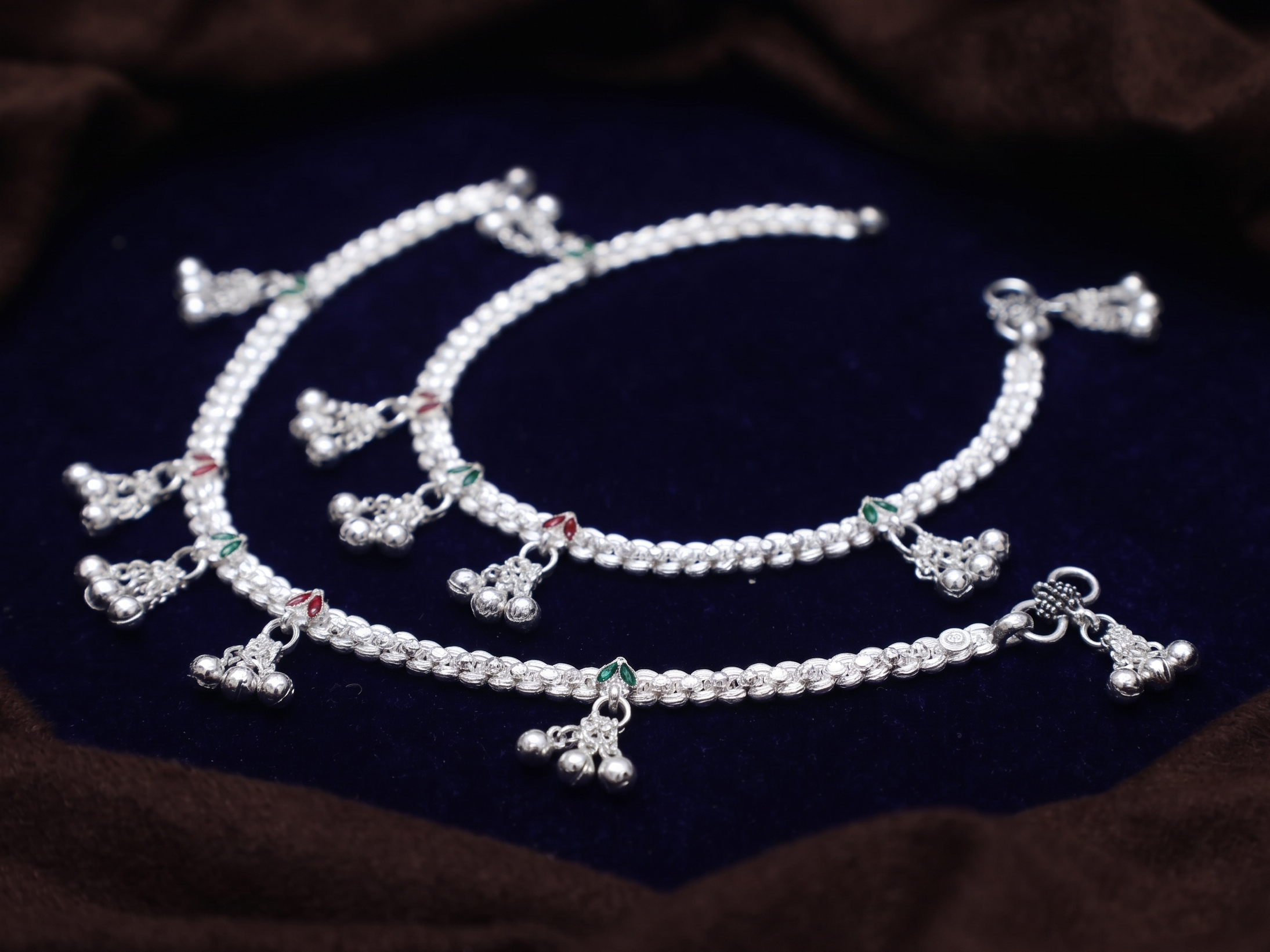 Traditional Silver Payal Set with Hanging Ghungroo Bells – Meenakari Accent Bridal Indian Anklets (Pair)