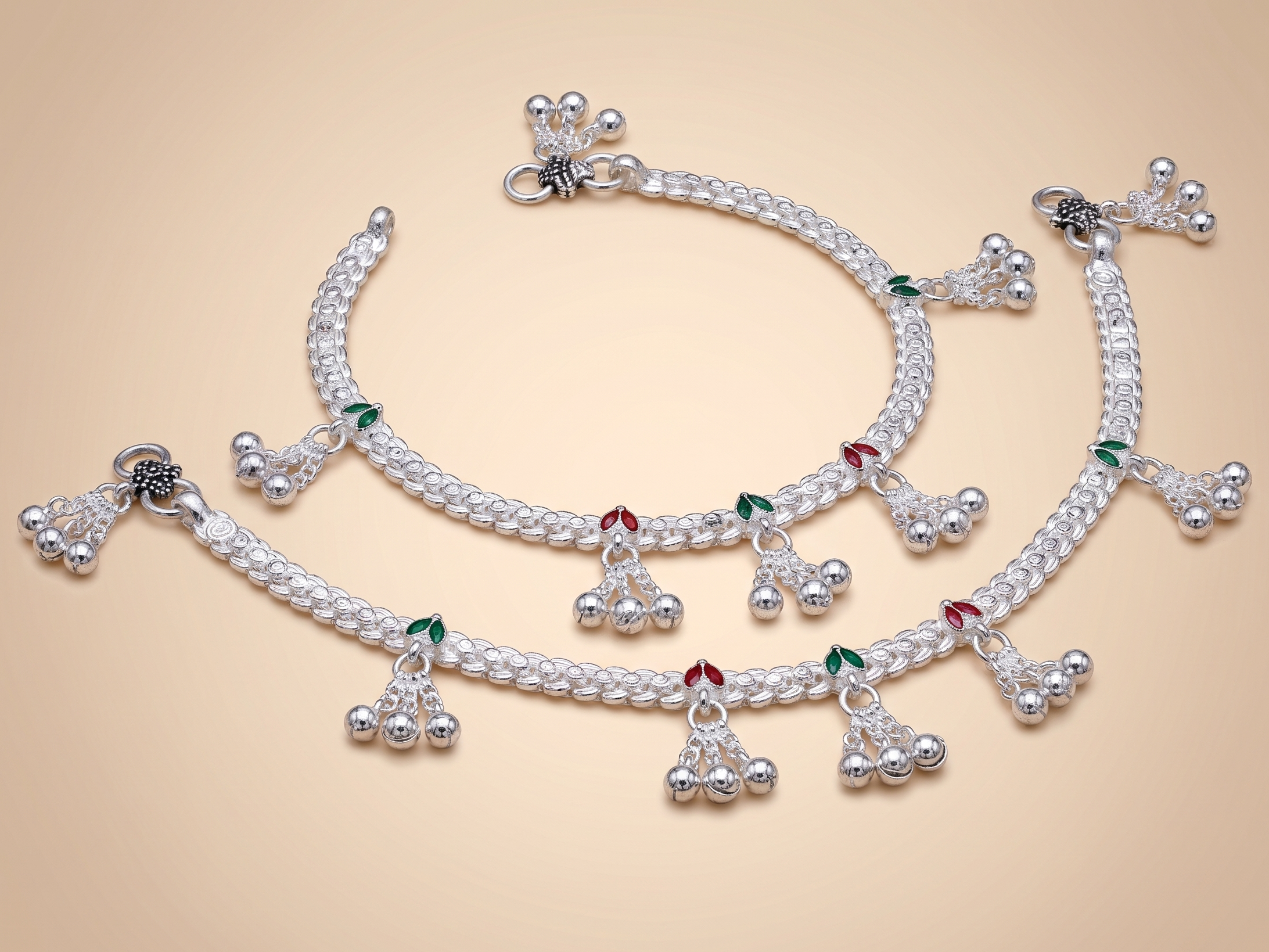 Traditional Silver Payal Set with Hanging Ghungroo Bells – Meenakari Accent Bridal Indian Anklets (Pair)