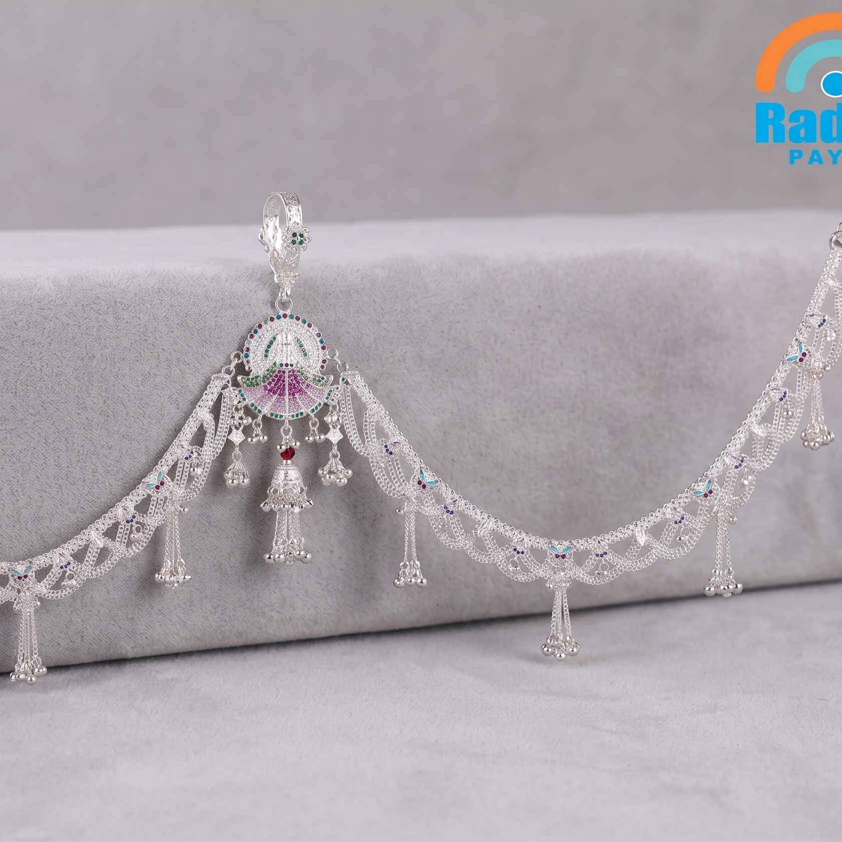 Meenakari Bridal Kamarband with Scalloped Mesh Chain by Radhe Payal