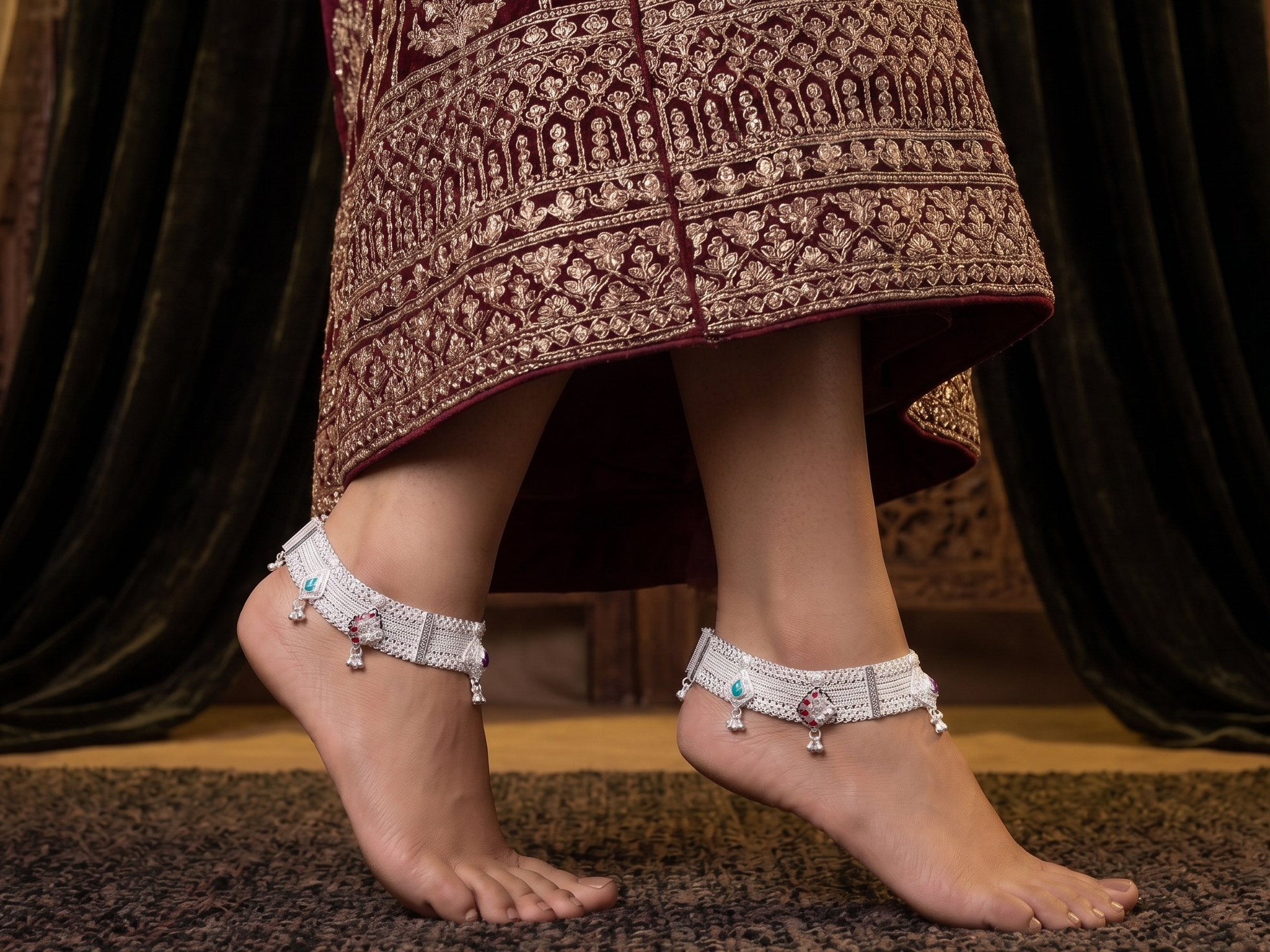 R Plus Royal Meenakari Bridal Payal - Heavy Wide Mesh Silver Plated Anklets with Maroon Enamel