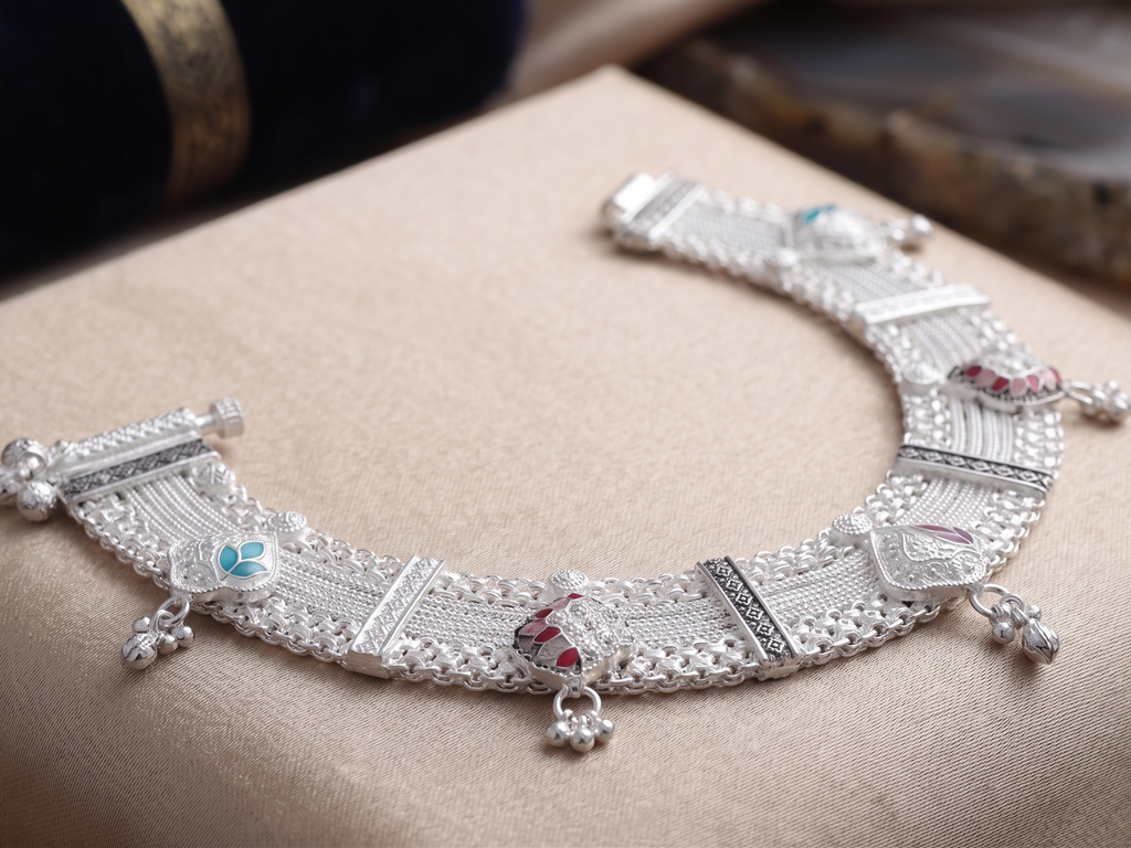 R Plus Royal Meenakari Bridal Payal - Heavy Wide Mesh Silver Plated Anklets with Maroon Enamel
