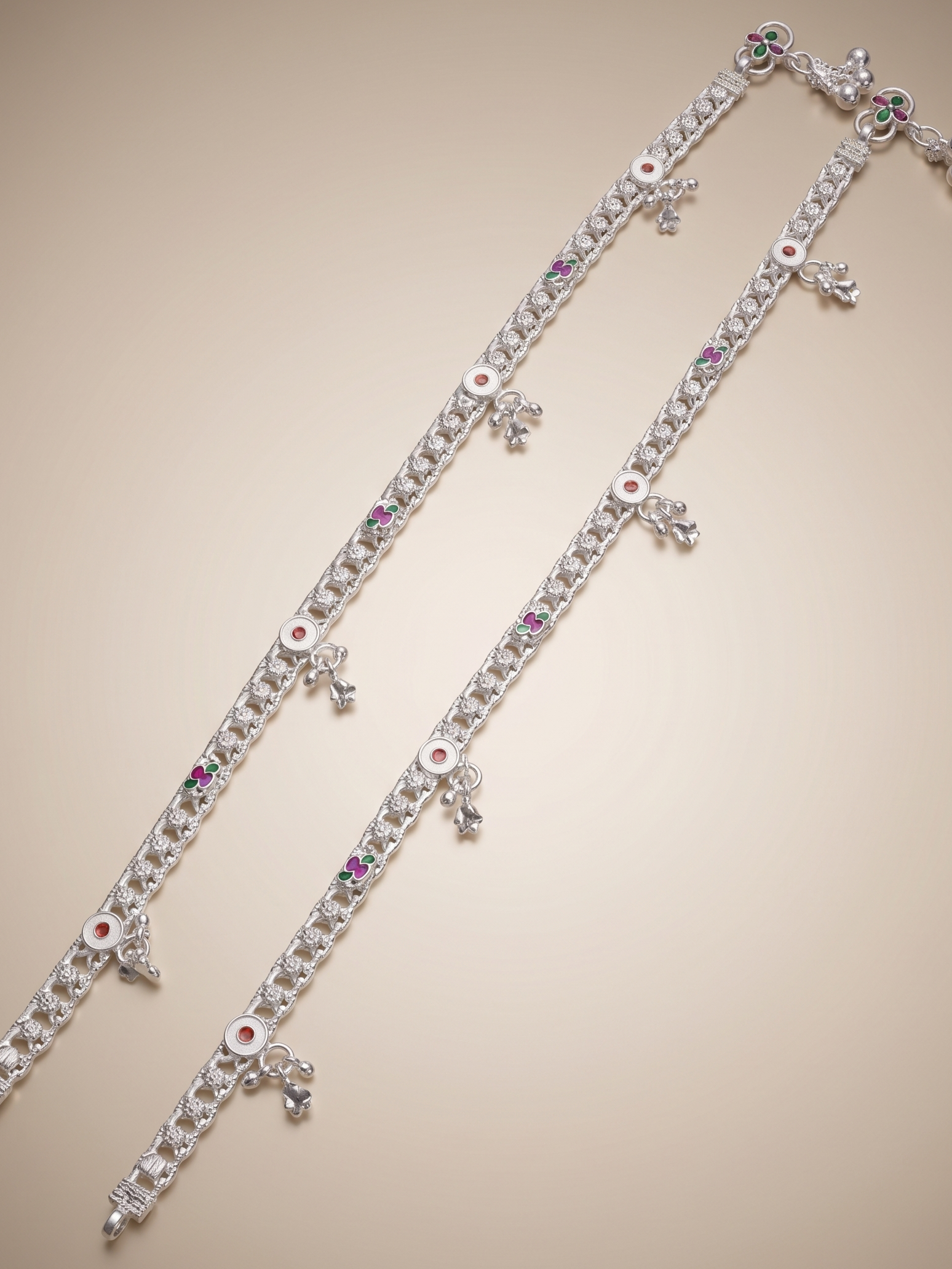 Premium German Silver White Metal Heritage Payal with Multi-Color Accents
