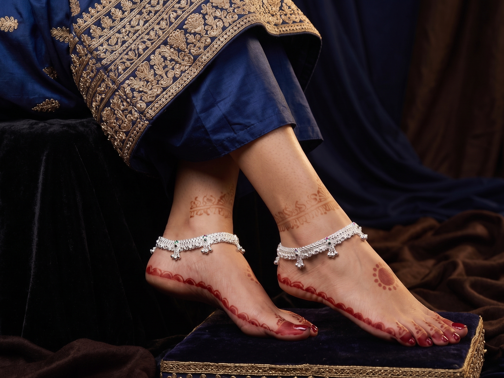 Heavy Traditional Silver-Plated Payal Anklets with Meenakari Accents and Ghungroo Charms (Pair)