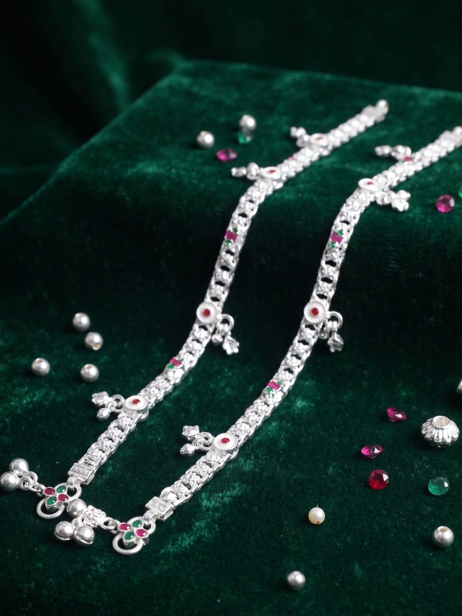 Premium German Silver White Metal Heritage Payal with Multi-Color Accents