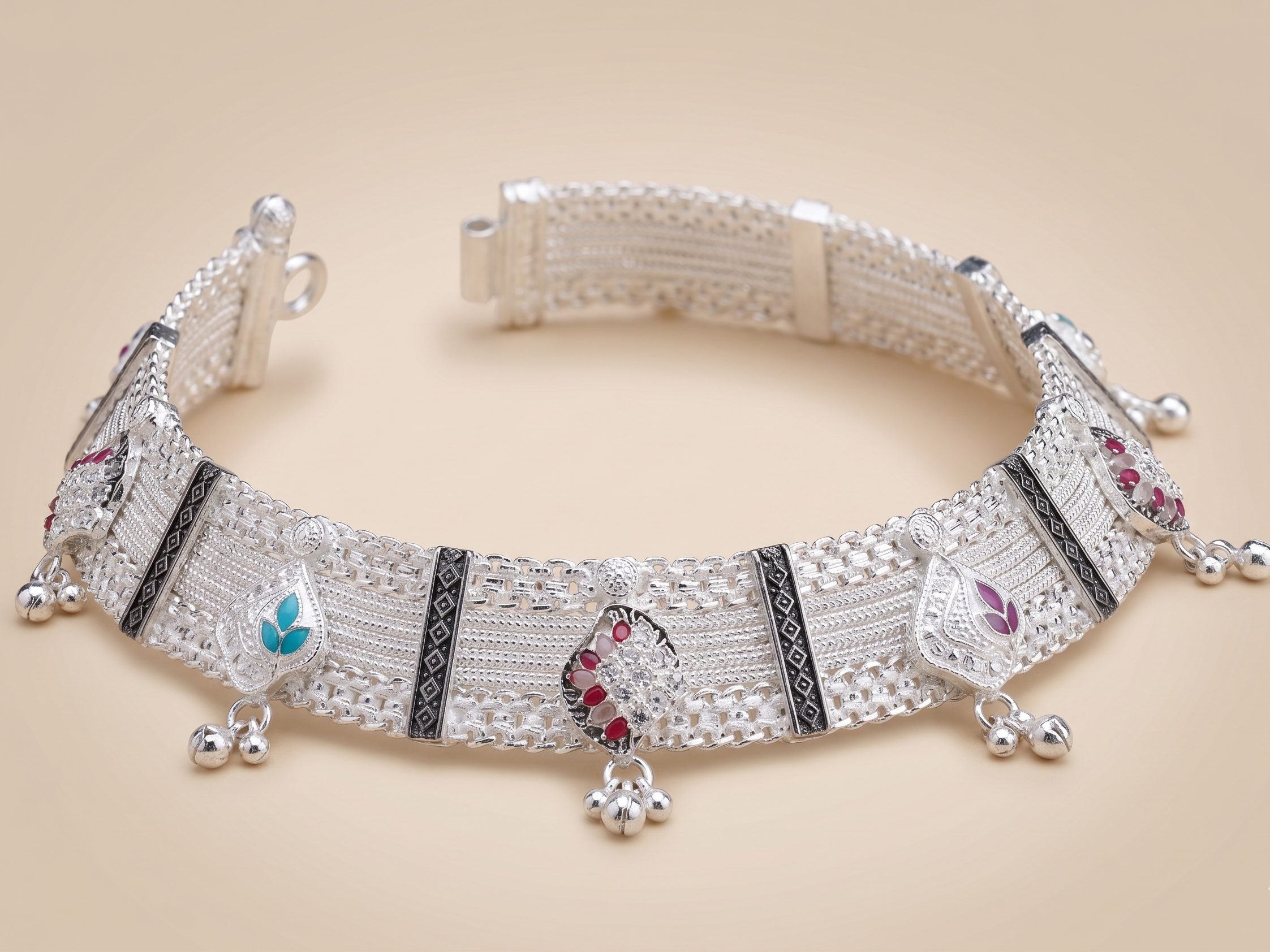 R Plus Royal Meenakari Bridal Payal - Heavy Wide Mesh Silver Plated Anklets with Maroon Enamel