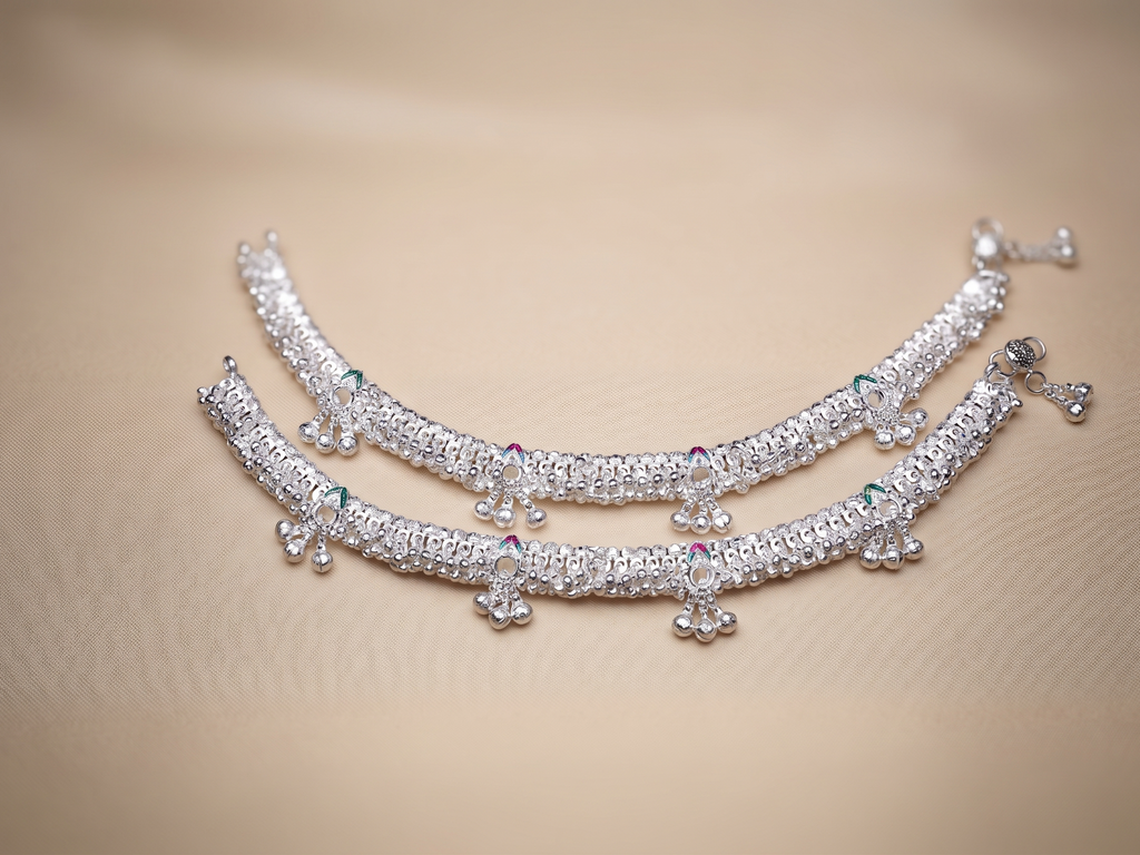 Heavy Traditional Silver-Plated Payal Anklets with Meenakari Accents and Ghungroo Charms (Pair)