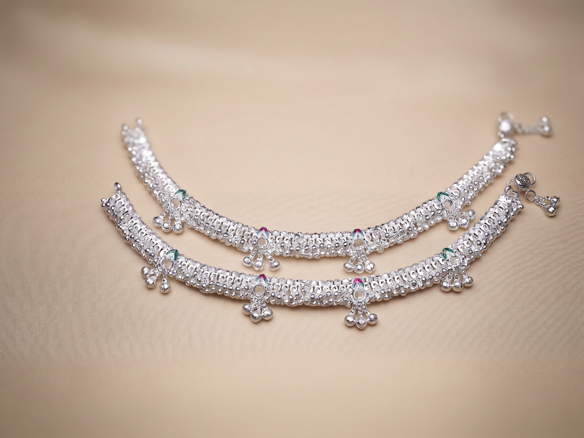 Heavy Traditional Silver-Plated Payal Anklets with Meenakari Accents and Ghungroo Charms (Pair)