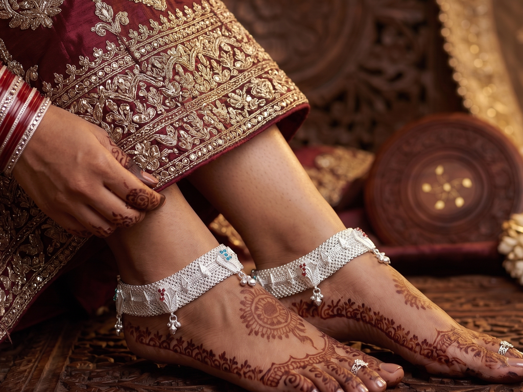 R Plus Royal Meenakari Bridal Payal - Heavy Wide Mesh Silver Plated Anklets with Maroon Enamel