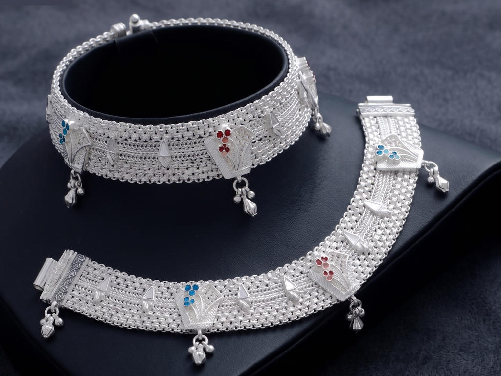 R Plus Royal Meenakari Bridal Payal - Heavy Wide Mesh Silver Plated Anklets with Maroon Enamel