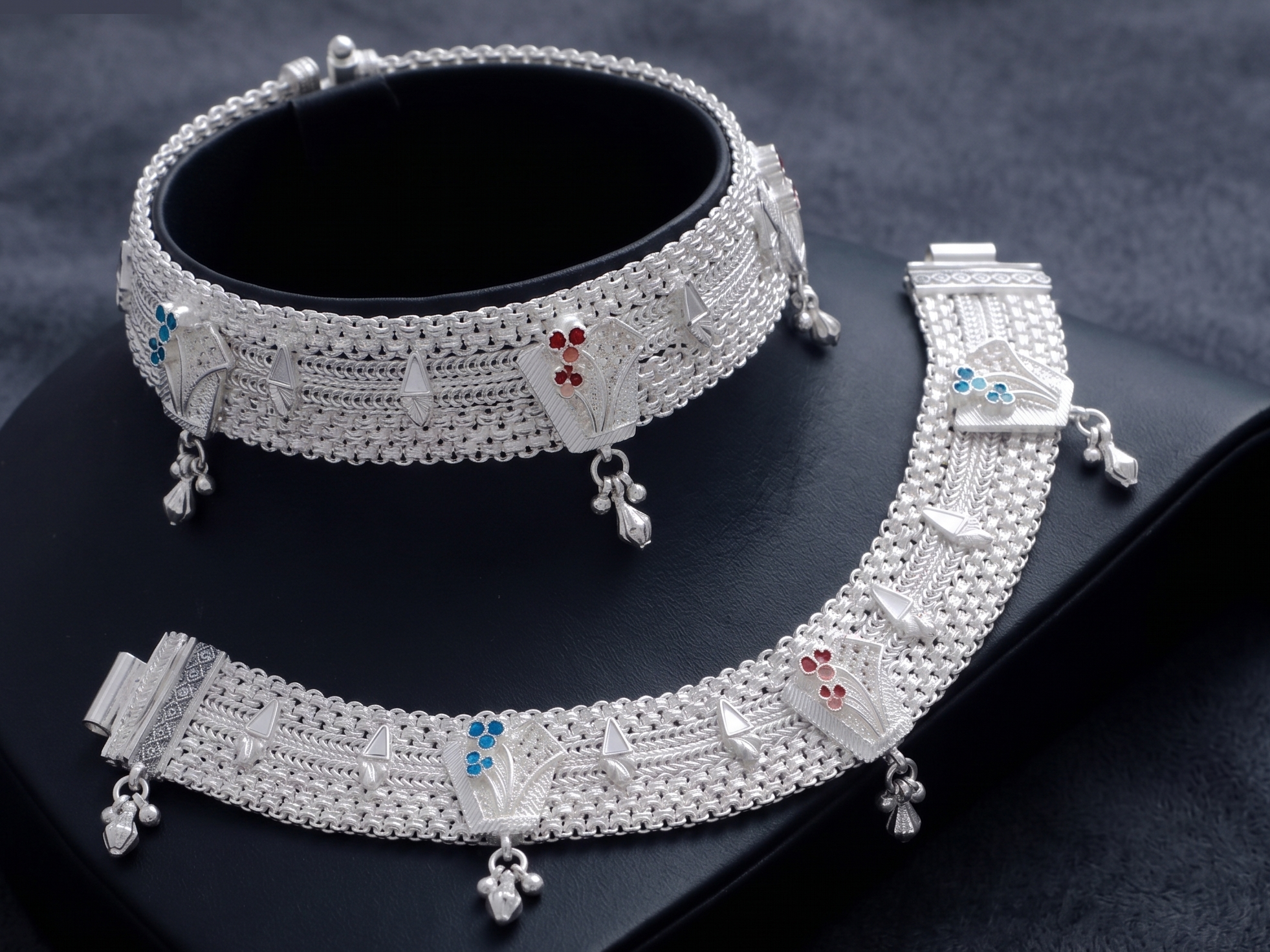 R Plus Royal Meenakari Bridal Payal - Heavy Wide Mesh Silver Plated Anklets with Maroon Enamel