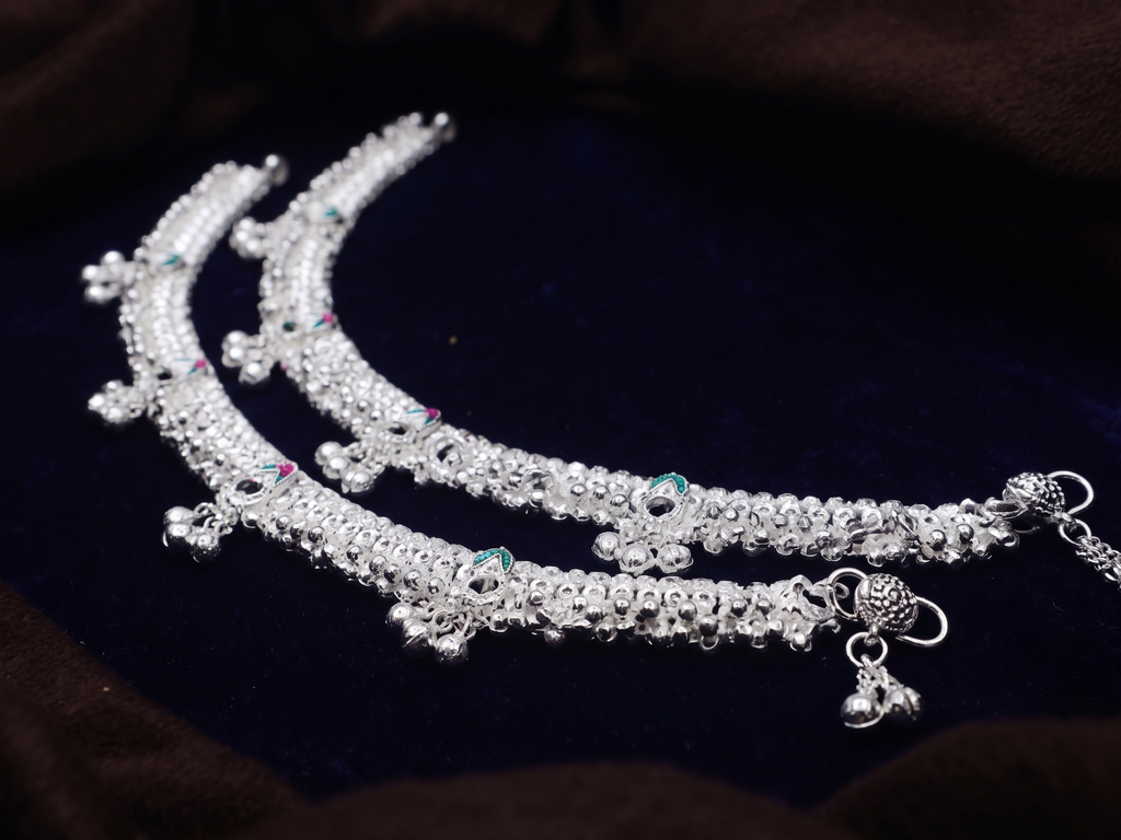 Heavy Traditional Silver-Plated Payal Anklets with Meenakari Accents and Ghungroo Charms (Pair)