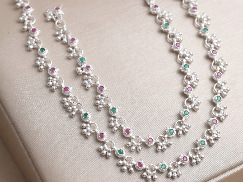 Premium German Silver White Metal Payal with Multicolor Stone Design & Elegant Traditional Finish