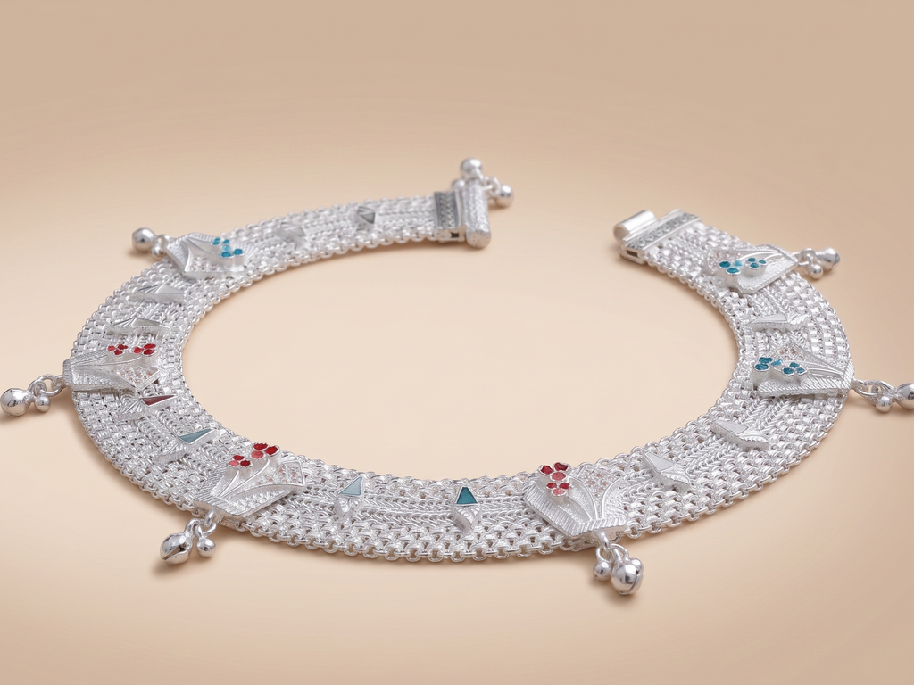 R Plus Royal Meenakari Bridal Payal - Heavy Wide Mesh Silver Plated Anklets with Maroon Enamel