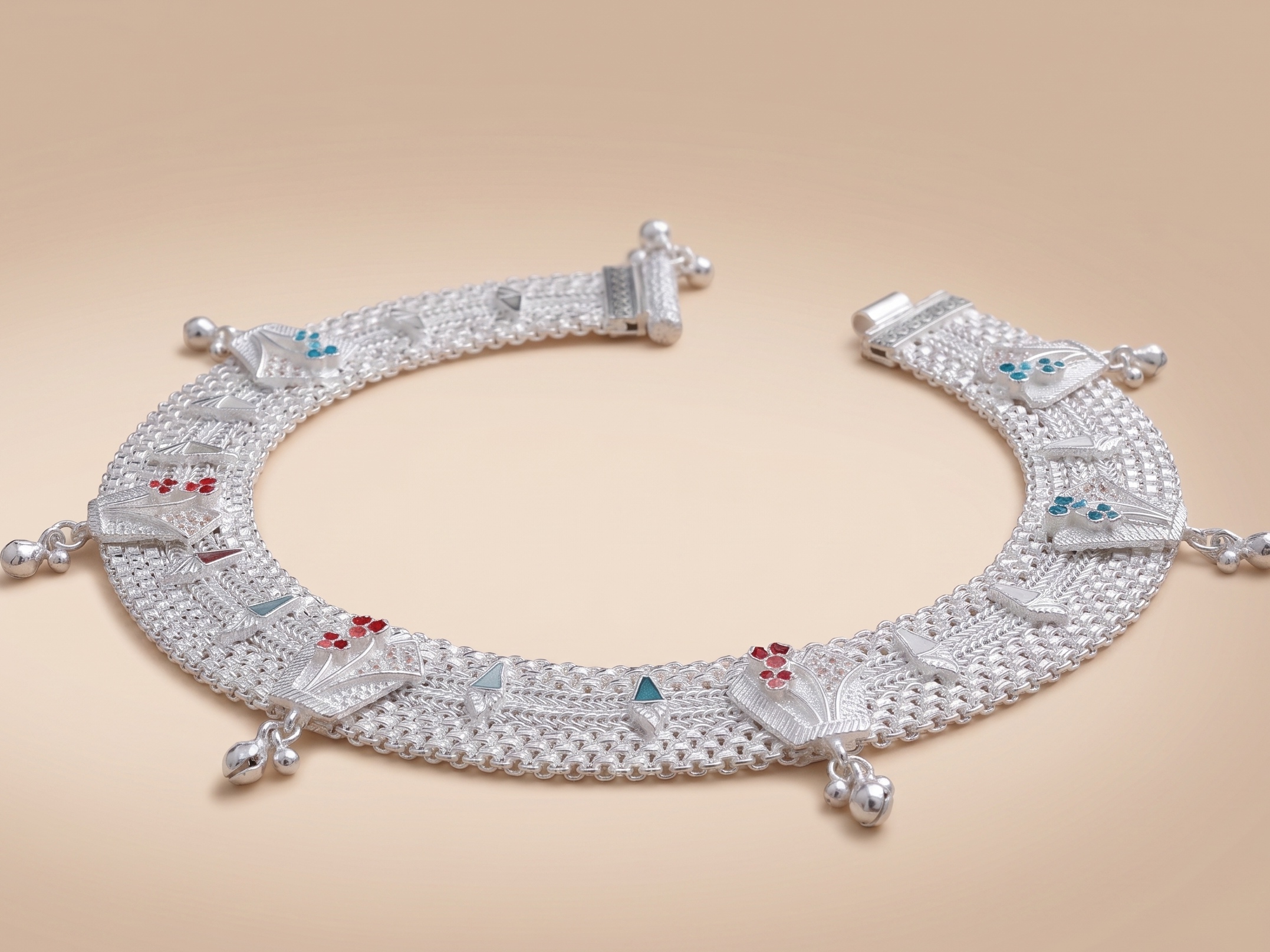 R Plus Royal Meenakari Bridal Payal - Heavy Wide Mesh Silver Plated Anklets with Maroon Enamel