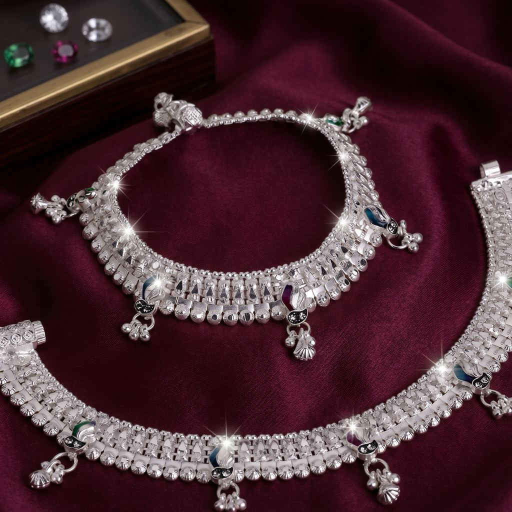 Traditional Meenakari Bridal Payal with Scalloped Edge by Radhe Payal