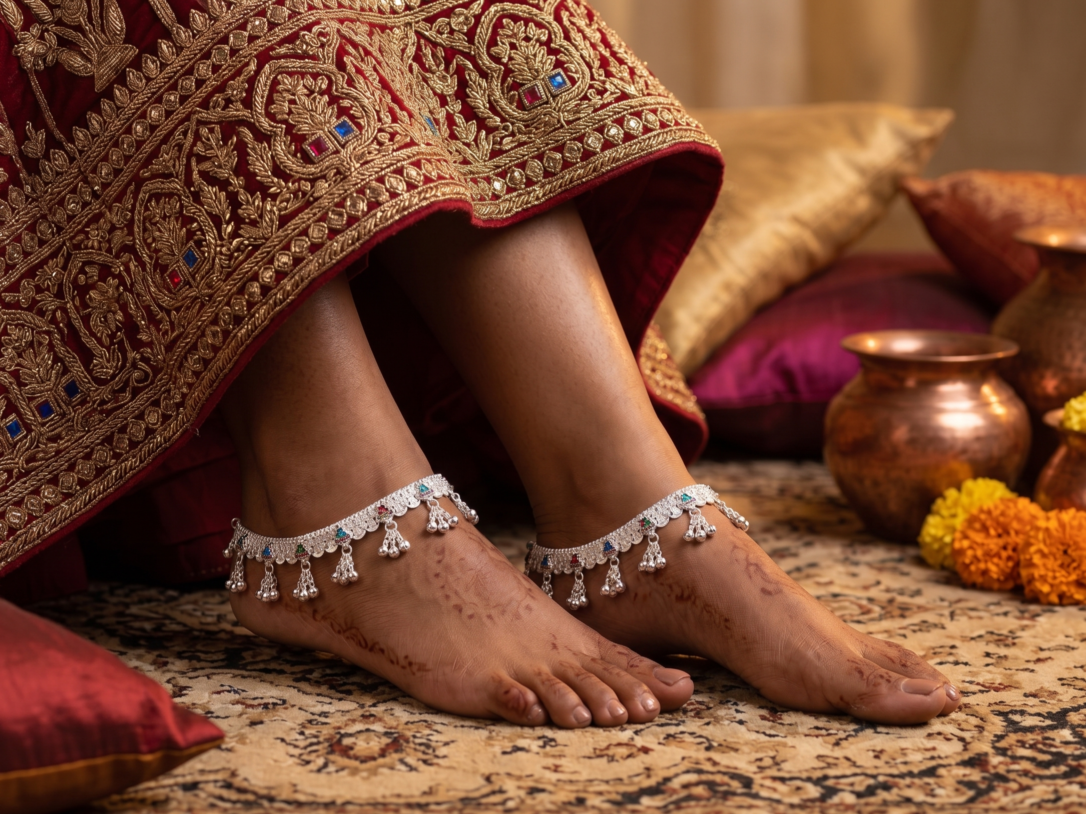 Ornate Silver-Plated Payal Anklets with Multi-Color Meenakari Work and Tiered Ghungroo Drops (Pair)