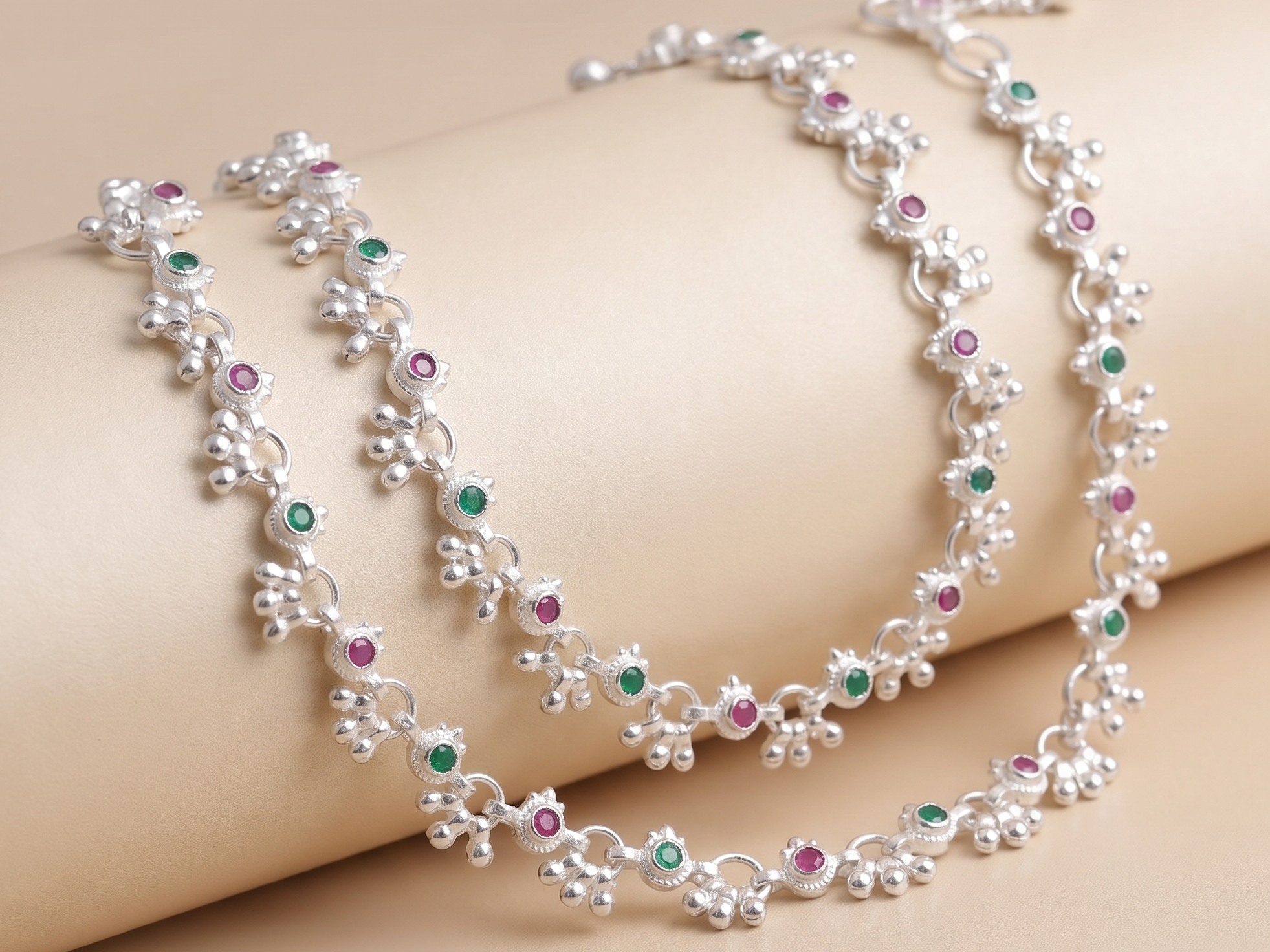 Premium German Silver White Metal Payal with Multicolor Stone Design & Elegant Traditional Finish