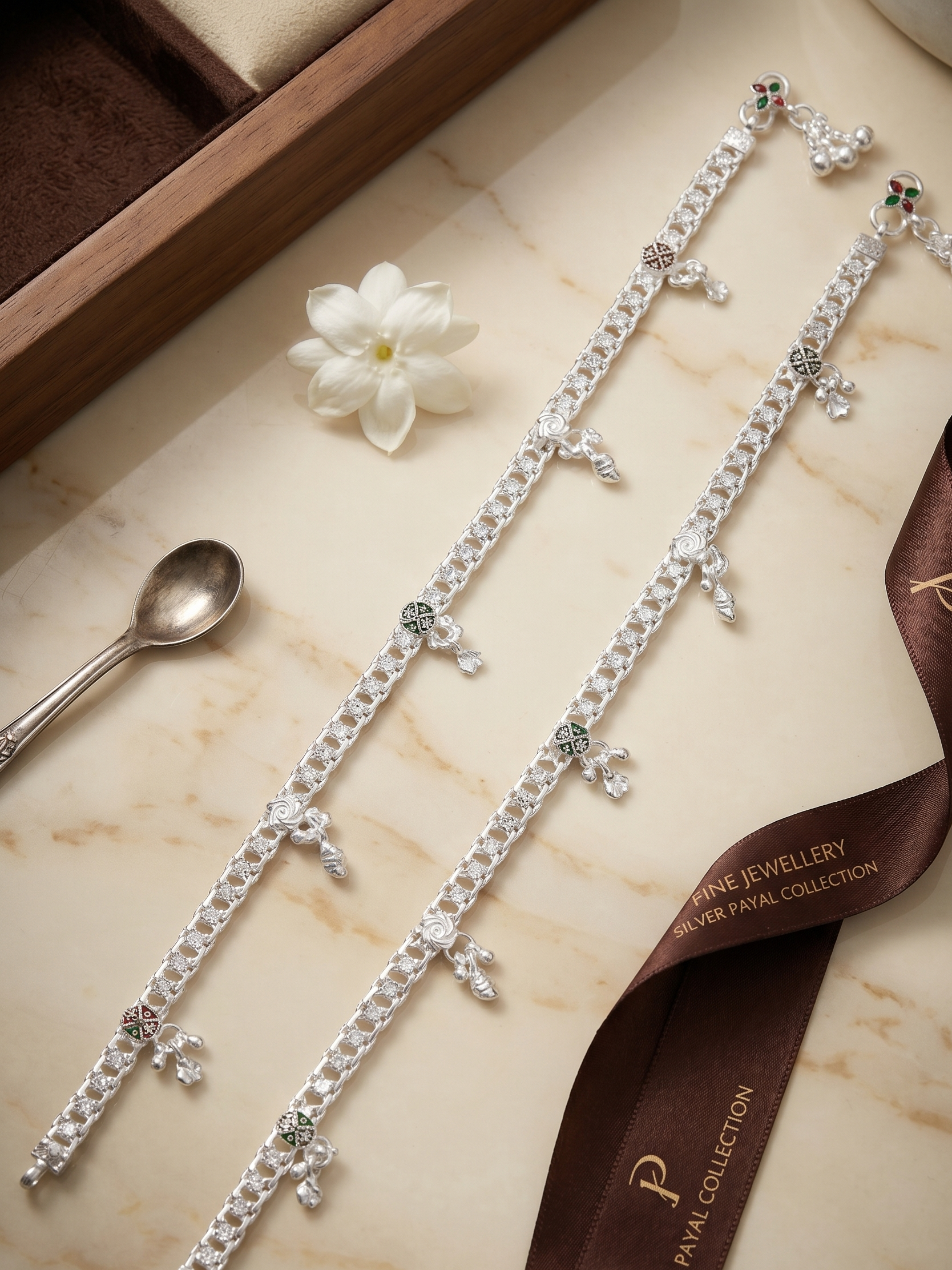 Premium German Silver White Metal Heritage Payal with Multi-Color Accents