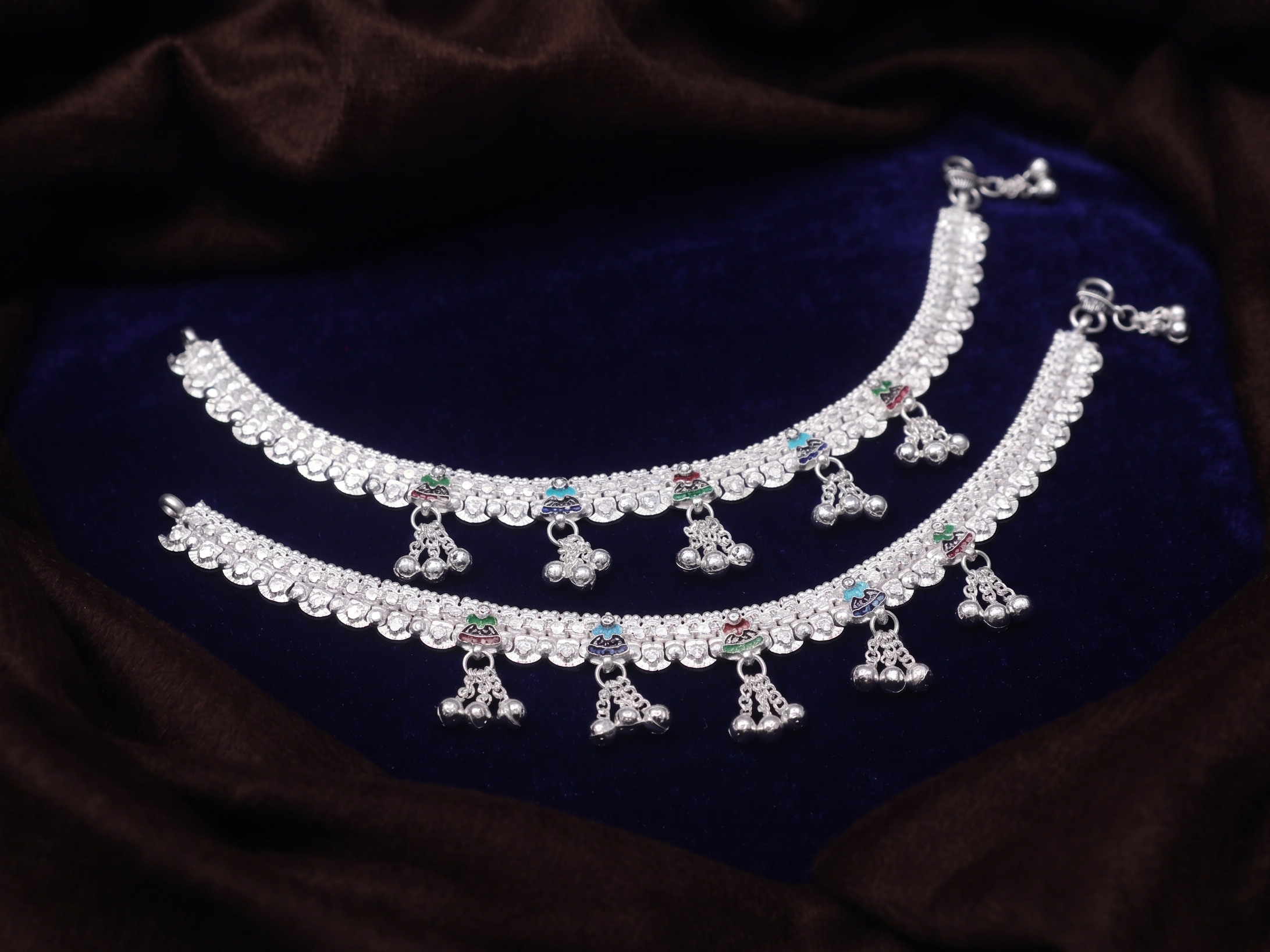 Ornate Silver-Plated Payal Anklets with Multi-Color Meenakari Work and Tiered Ghungroo Drops (Pair)