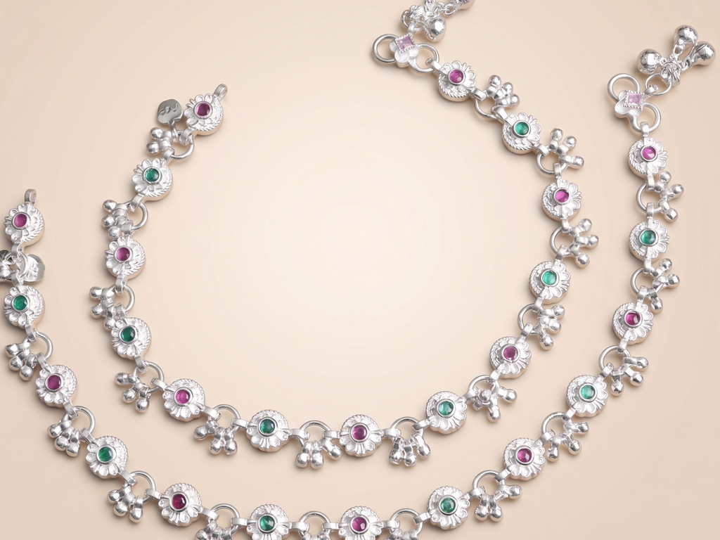Premium German Silver White Metal Payal with Multicolor Stone Design & Elegant Traditional Finish