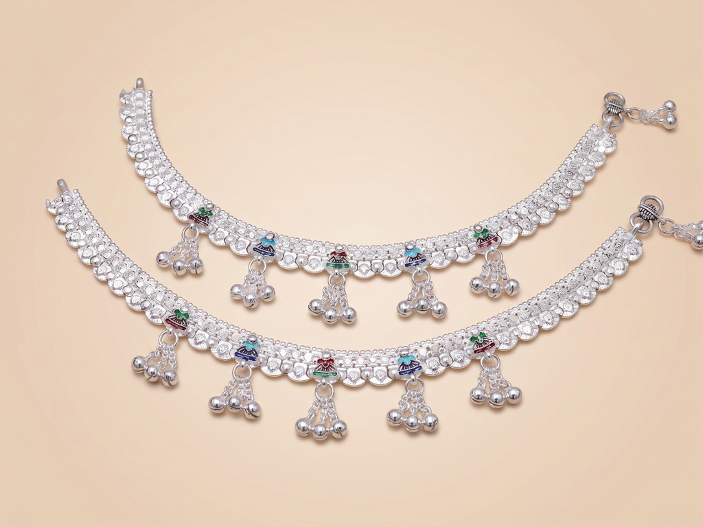 Ornate Silver-Plated Payal Anklets with Multi-Color Meenakari Work and Tiered Ghungroo Drops (Pair)