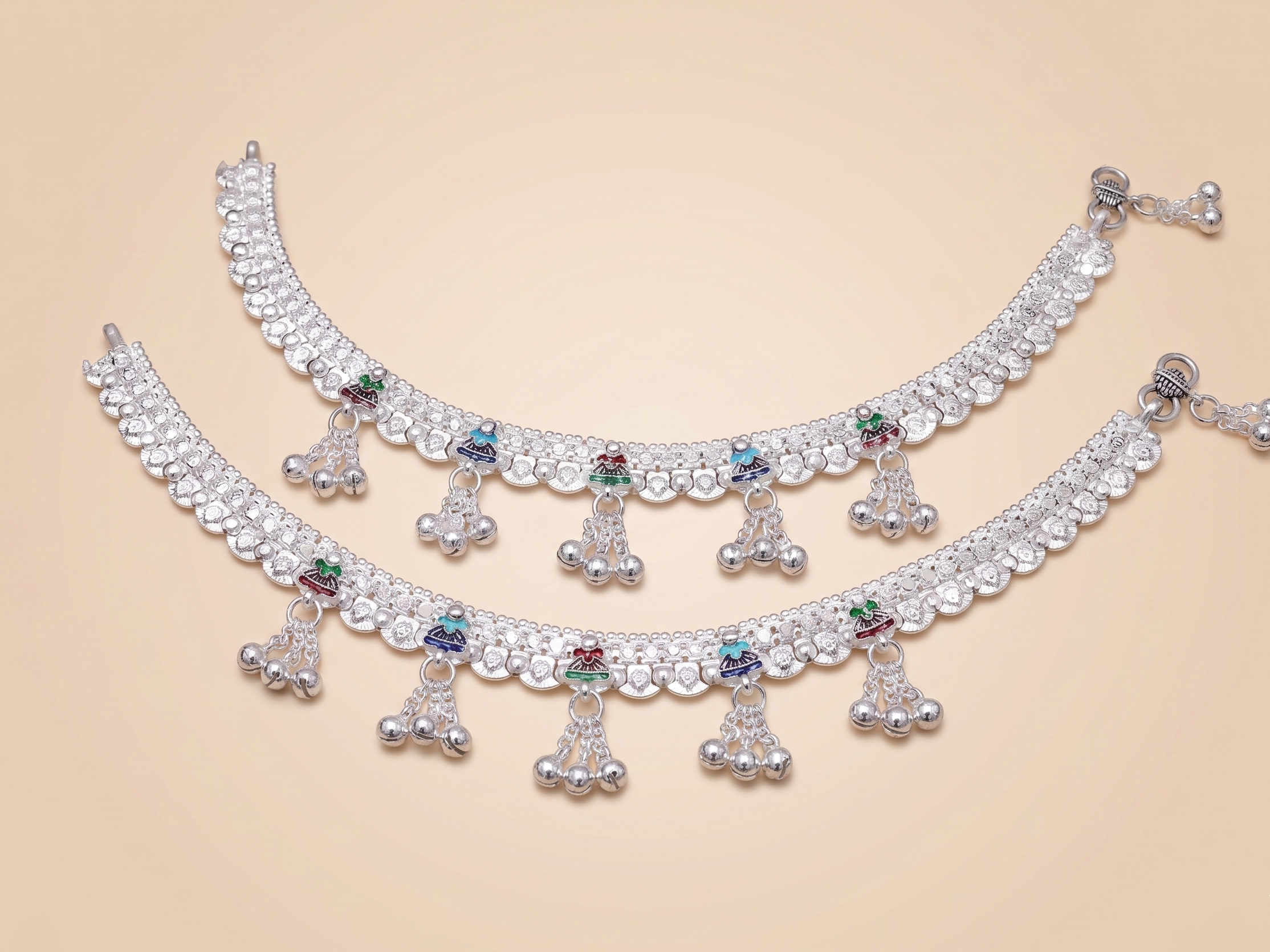 Ornate Silver-Plated Payal Anklets with Multi-Color Meenakari Work and Tiered Ghungroo Drops (Pair)