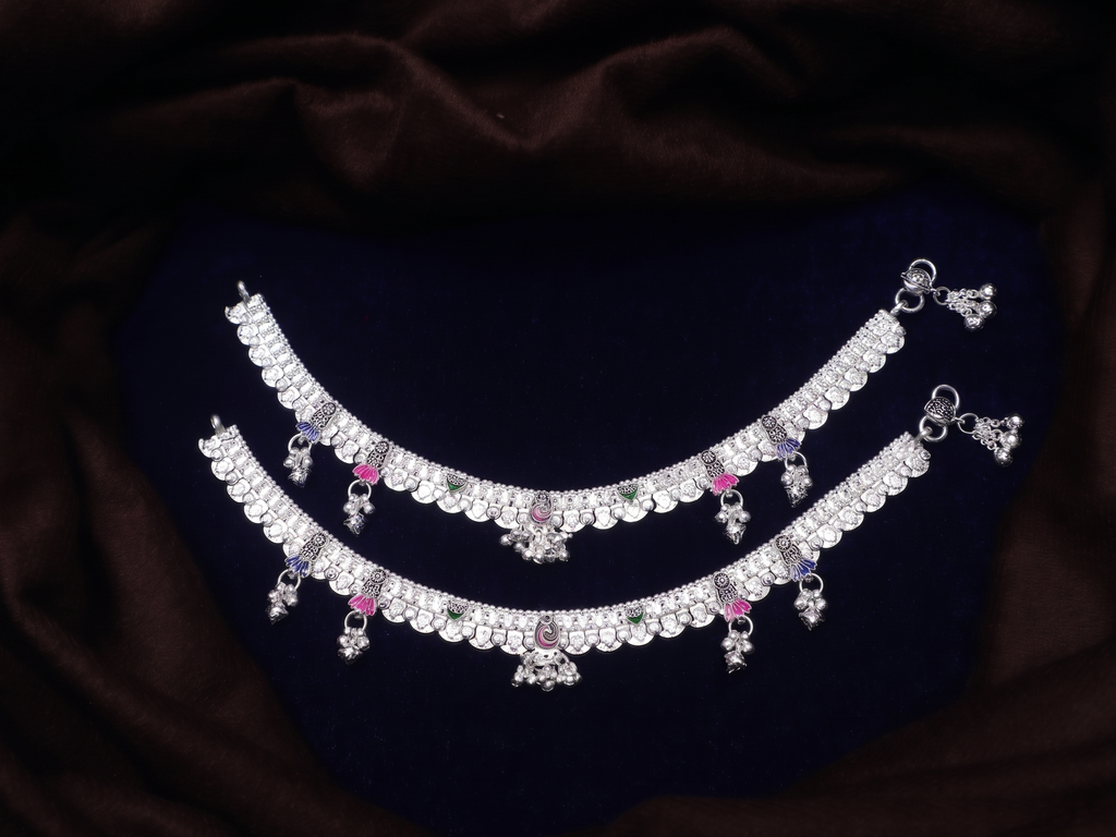 Royal Silver-Plated Payal Anklets with Multi-Color Enamel Accents and Central Jhumka Drops (Pair)