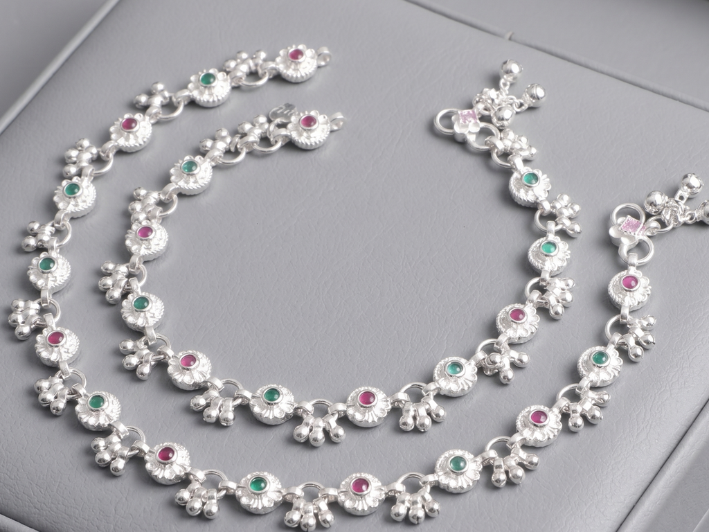 Premium German Silver White Metal Payal with Multicolor Stone Design & Elegant Traditional Finish