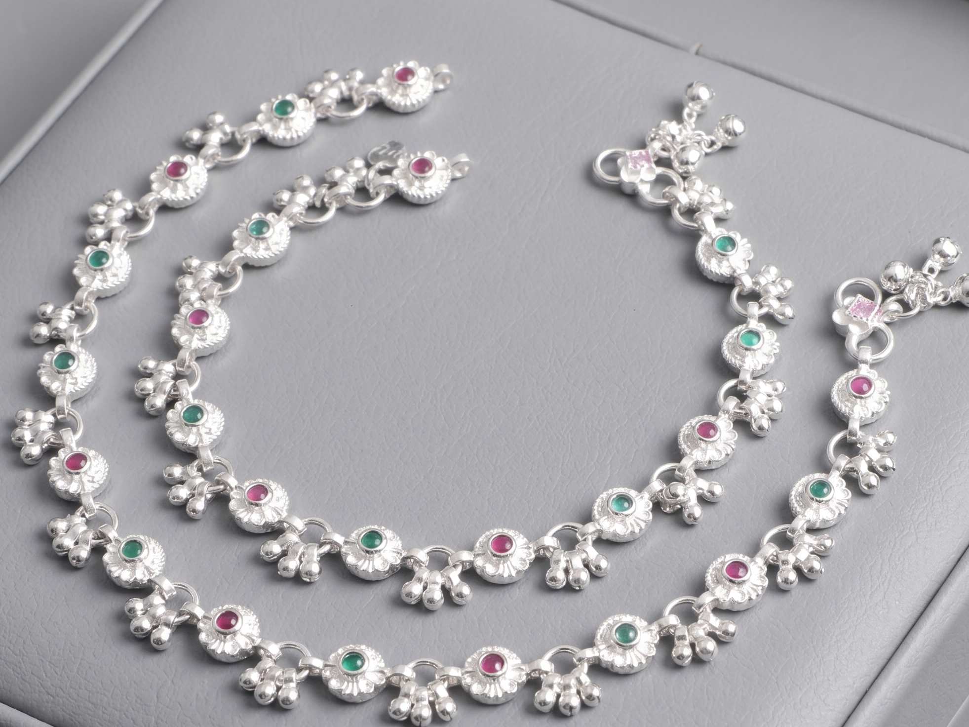 Premium German Silver White Metal Payal with Multicolor Stone Design & Elegant Traditional Finish