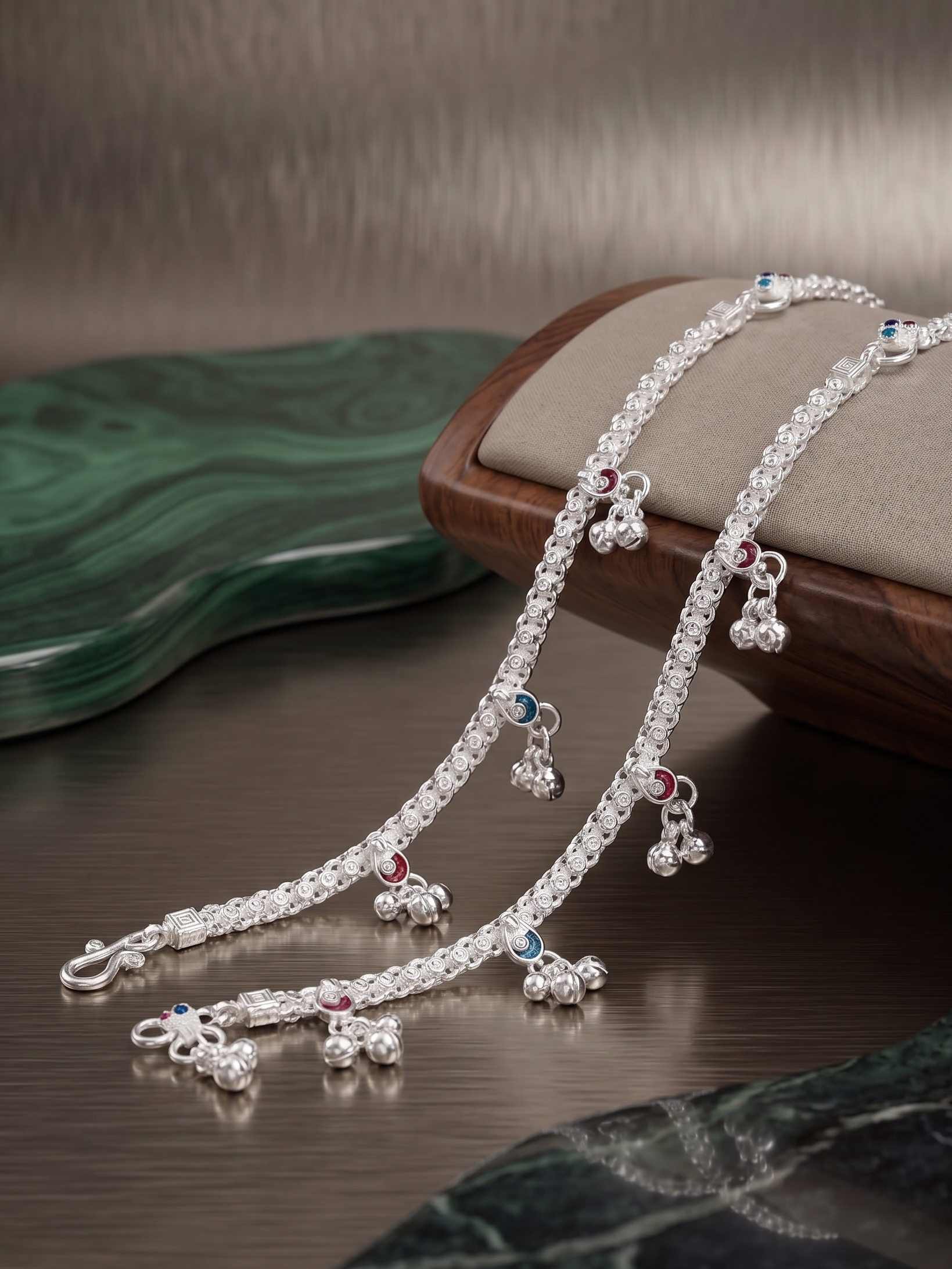 Premium German Silver White Metal Heritage Payal with Multi-Color Accents
