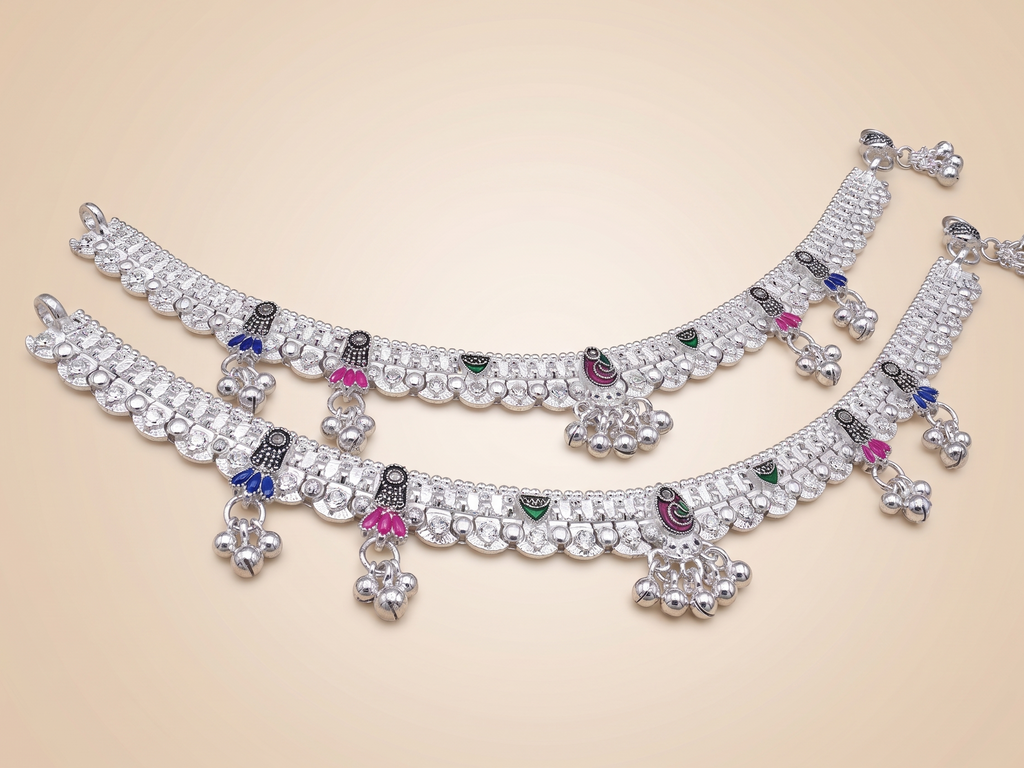 Royal Silver-Plated Payal Anklets with Multi-Color Enamel Accents and Central Jhumka Drops (Pair)