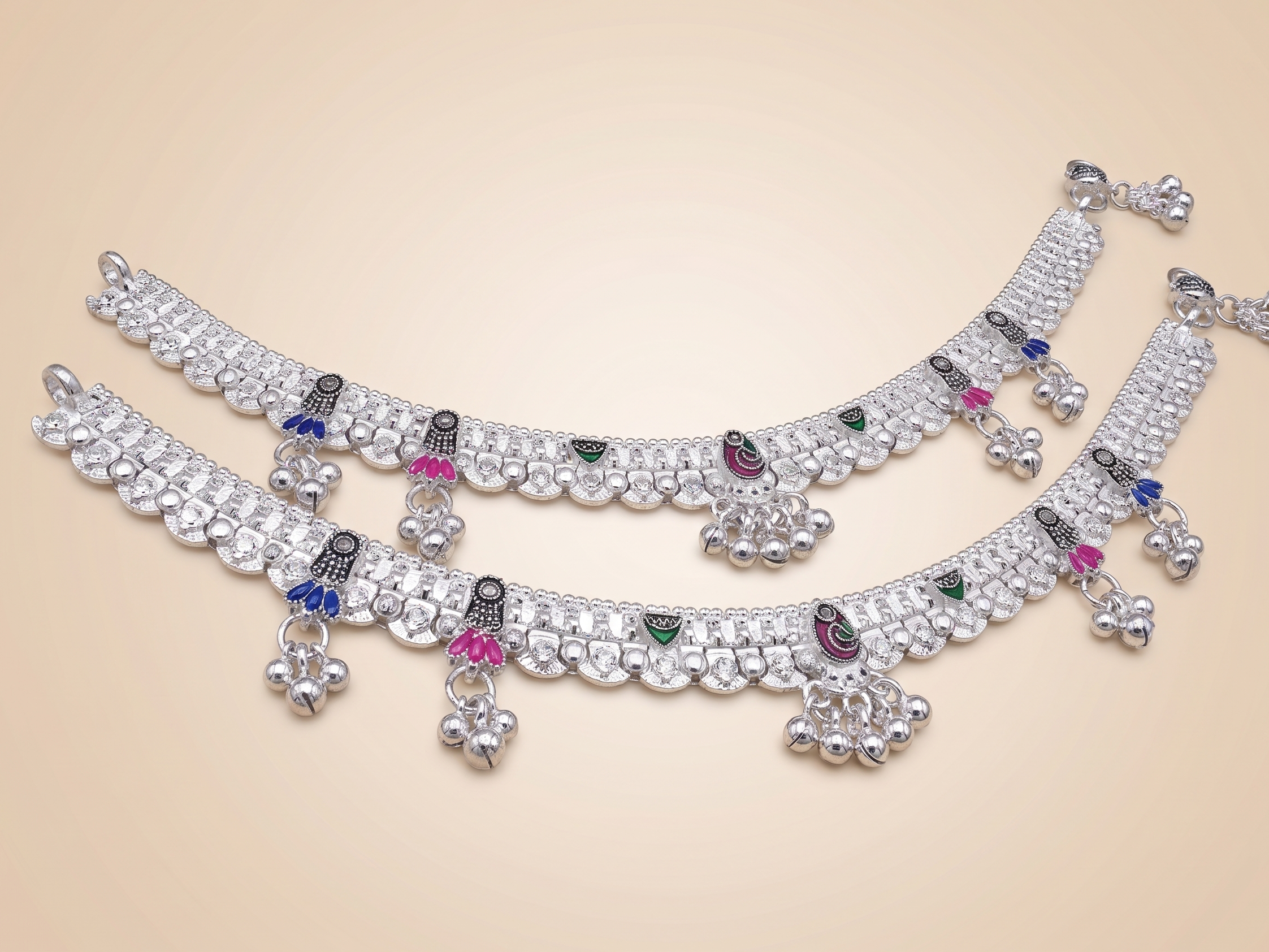 Royal Silver-Plated Payal Anklets with Multi-Color Enamel Accents and Central Jhumka Drops (Pair)
