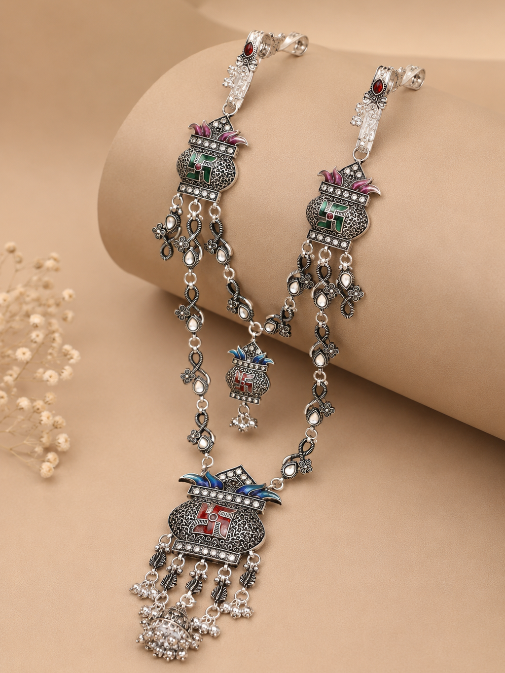 SP Kandora German Silver Traditional Necklace | 0 Touch Silver Plated Jewellery for Women