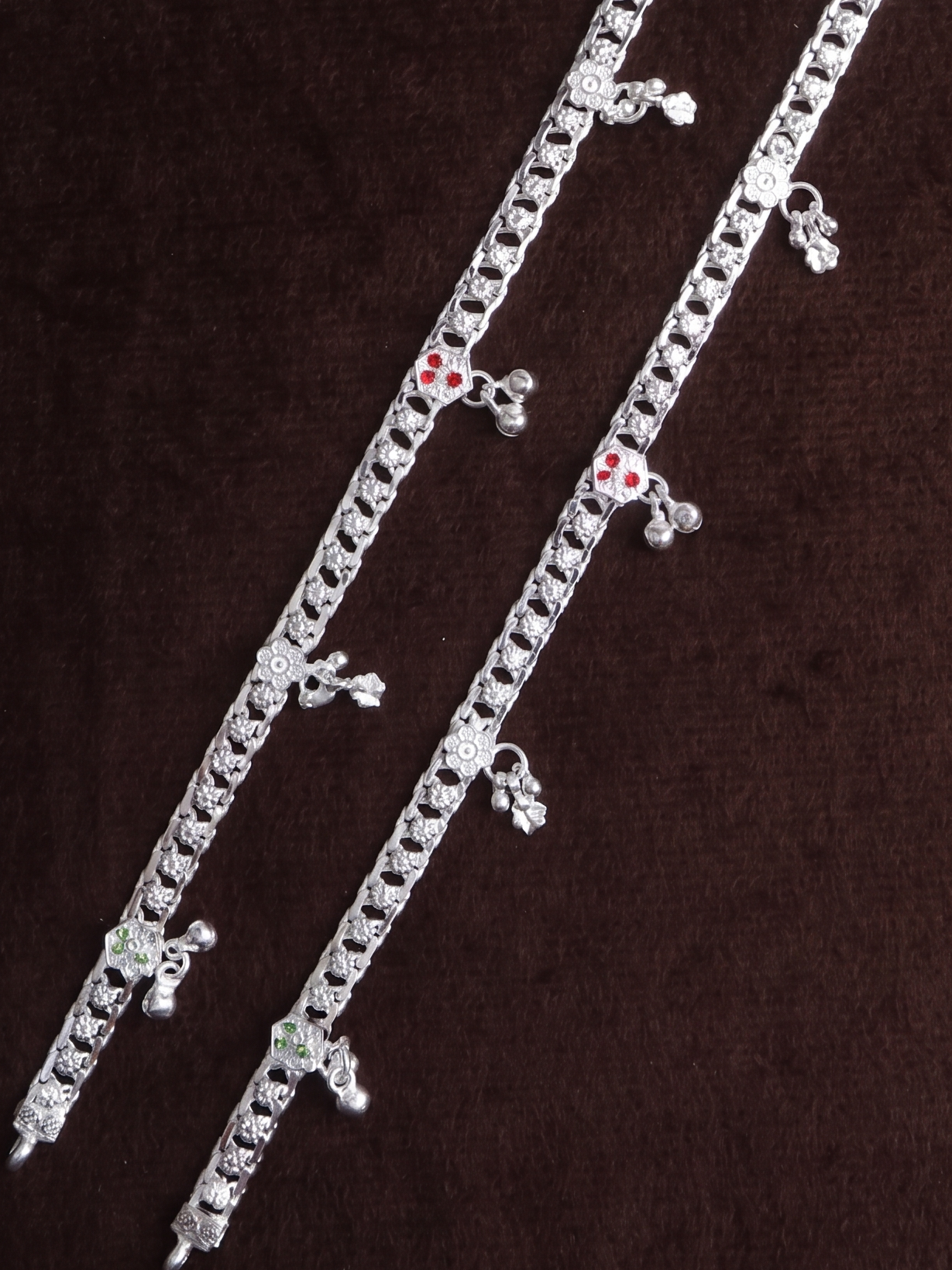 Premium German Silver White Metal Heritage Payal with Multi-Color Accents
