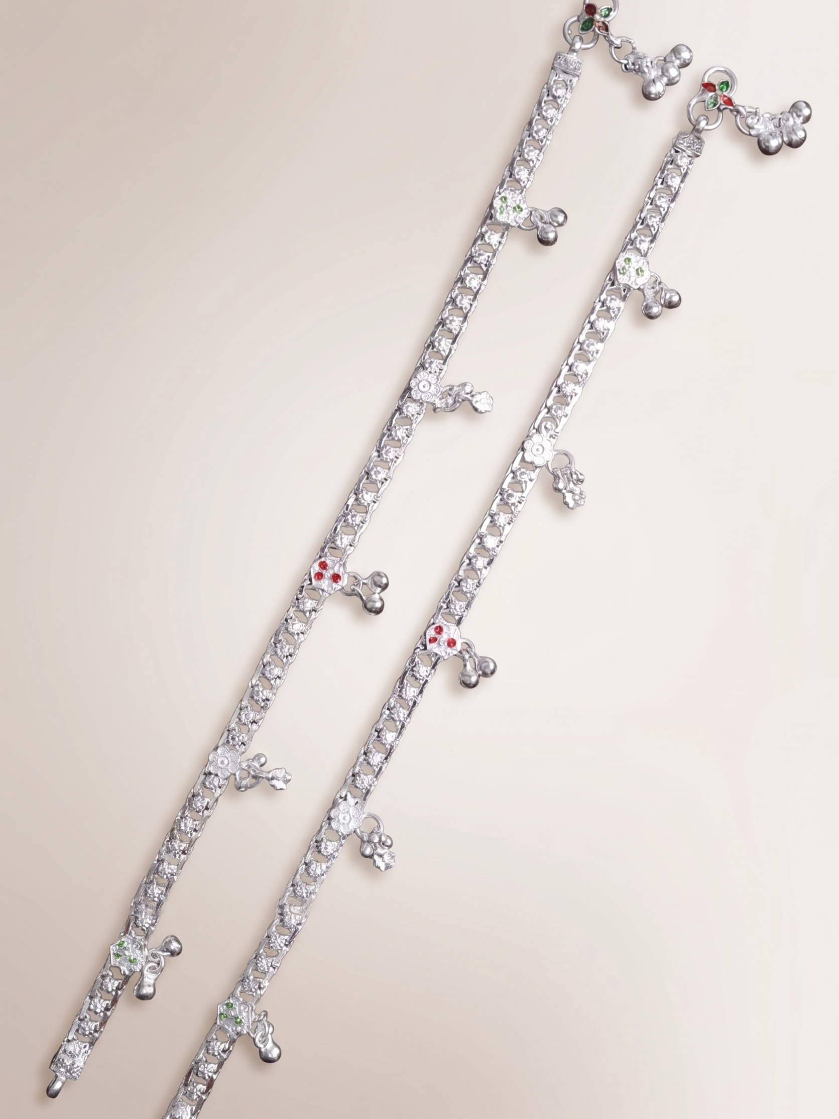 Premium German Silver White Metal Heritage Payal with Multi-Color Accents