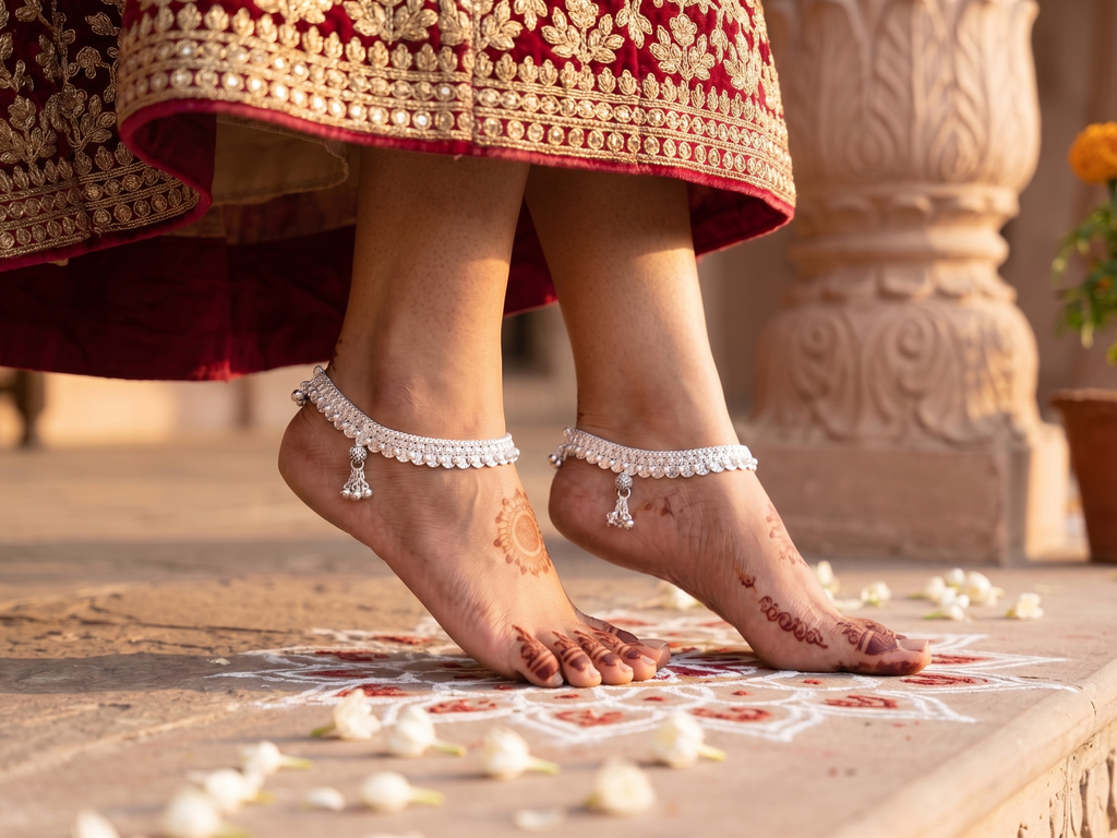 Elegant Scalloped Edge Silver-Plated Payal Anklets with Textured Geometric Links (Pair)
